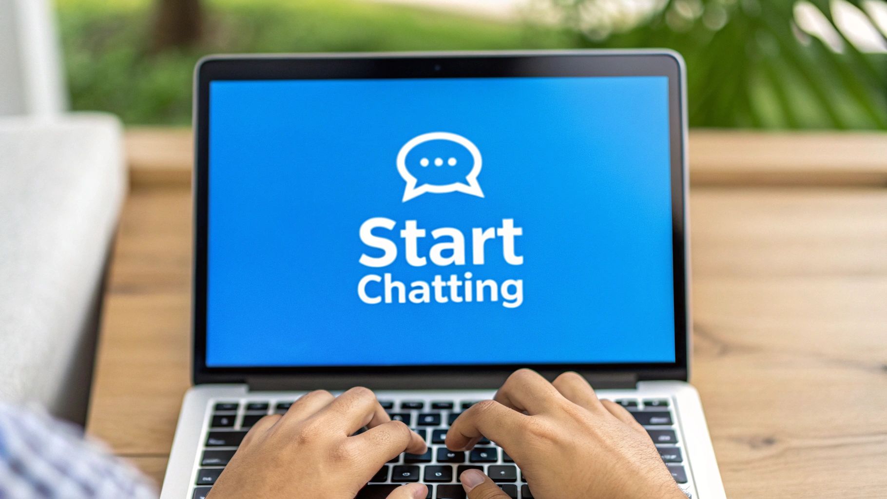 Hands typing on a laptop screen displaying a 'Start Chatting' message with a chat icon.