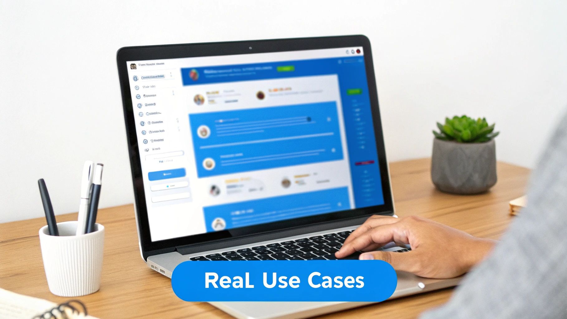 A person typing on a laptop displaying a blue software interface, with pens and a plant on a desk.