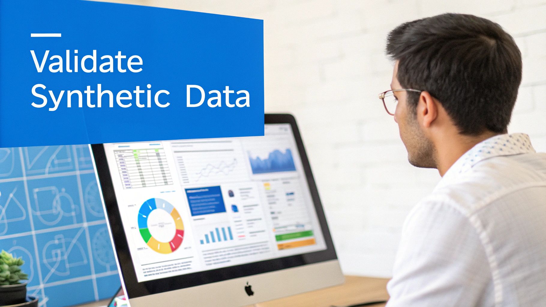 A man in glasses views a computer screen displaying data visualizations. A blue banner reads 'Validate Synthetic Data'.