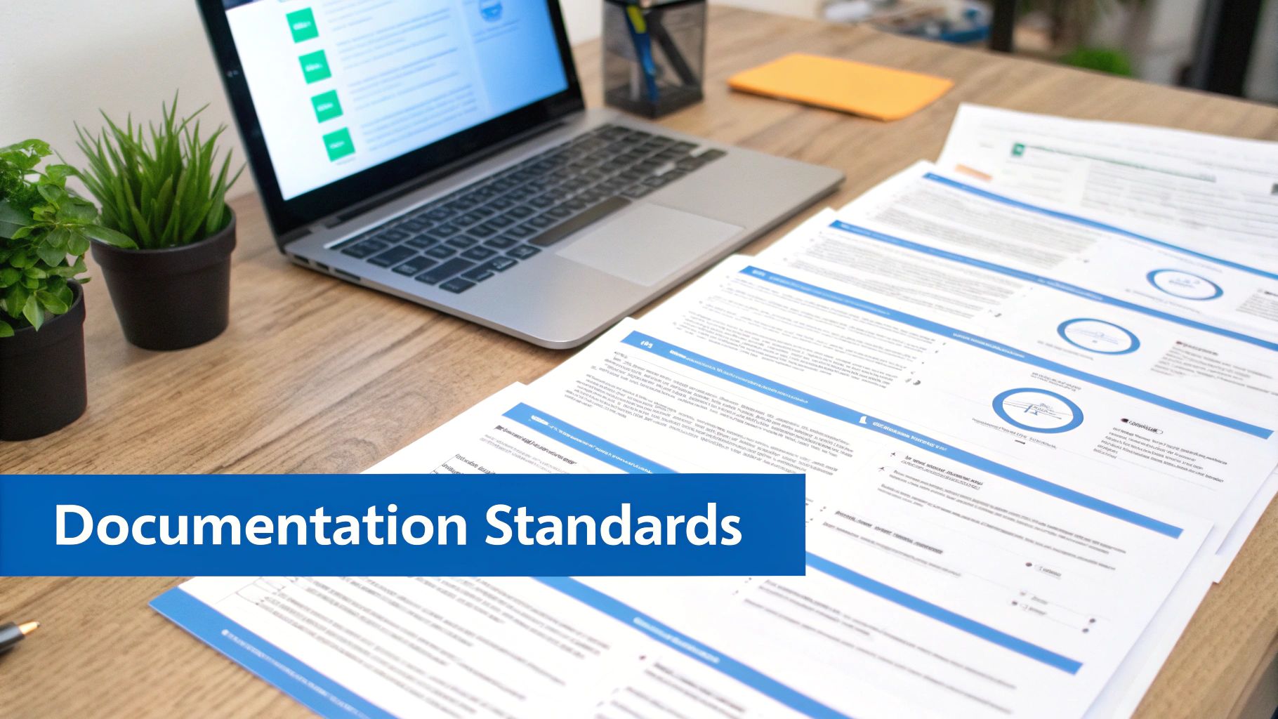 Documentation standards documents spread on a wooden desk with a laptop and potted plants.