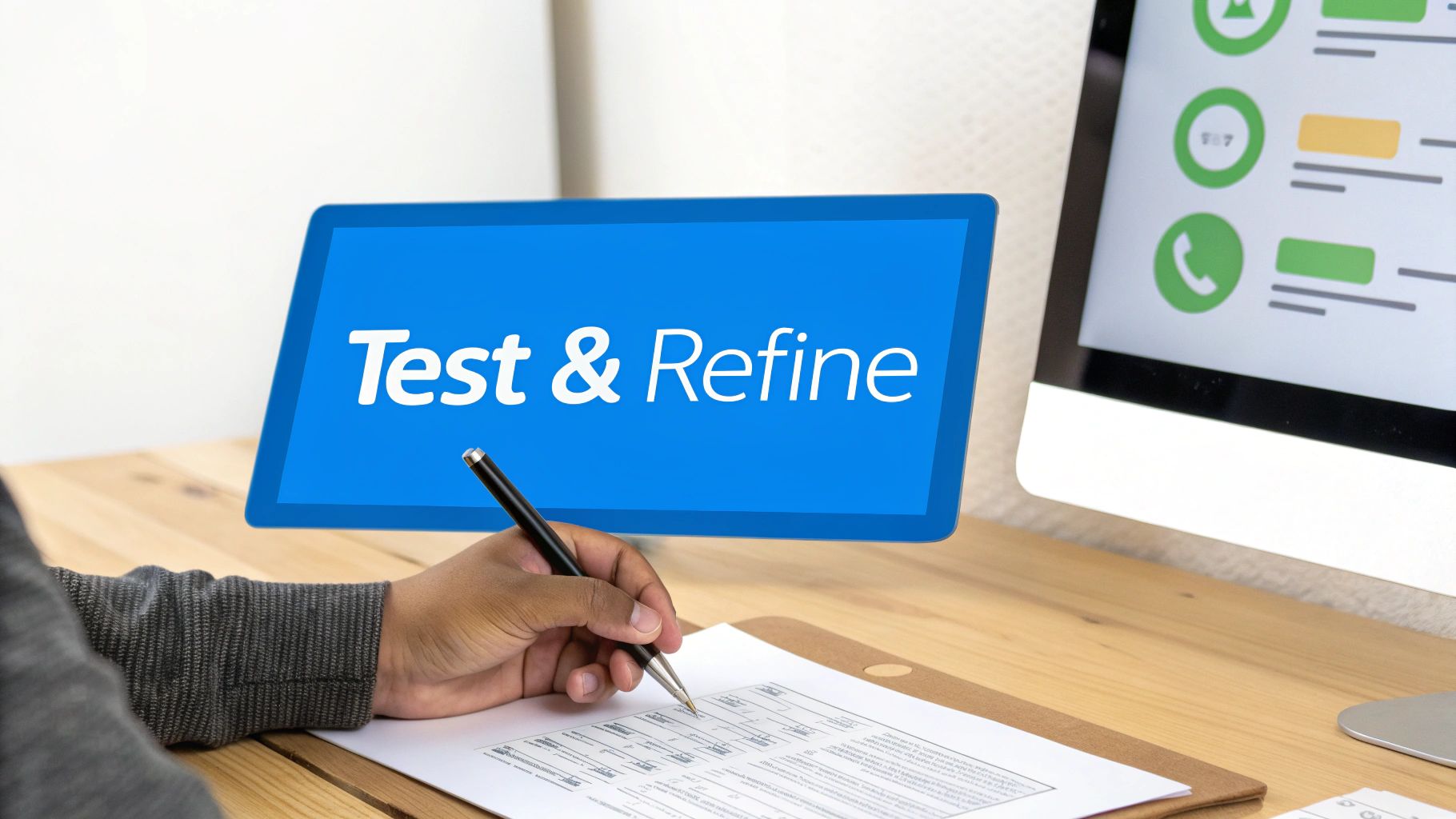 A team of people testing and analysing a chatbot's performance on various devices.