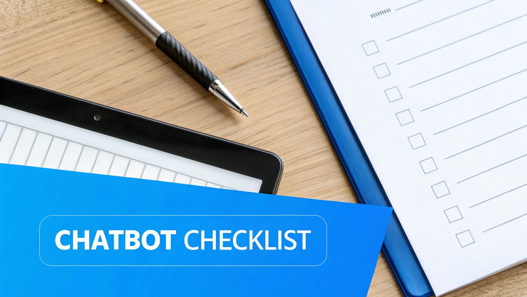 Close-up of a desk with a pen, tablet, and a 'CHATBOT CHECKLIST' on a blue banner.