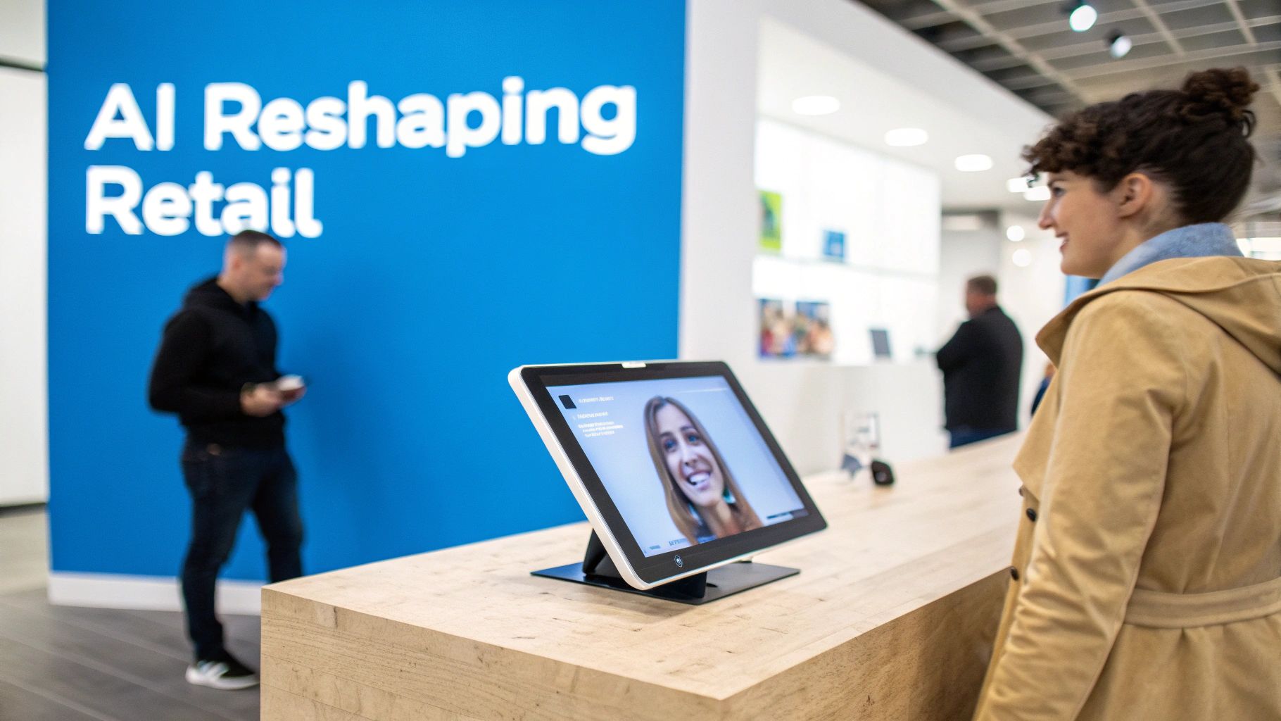 A woman interacts with a digital display showing a friendly face, highlighting AI's role in retail.