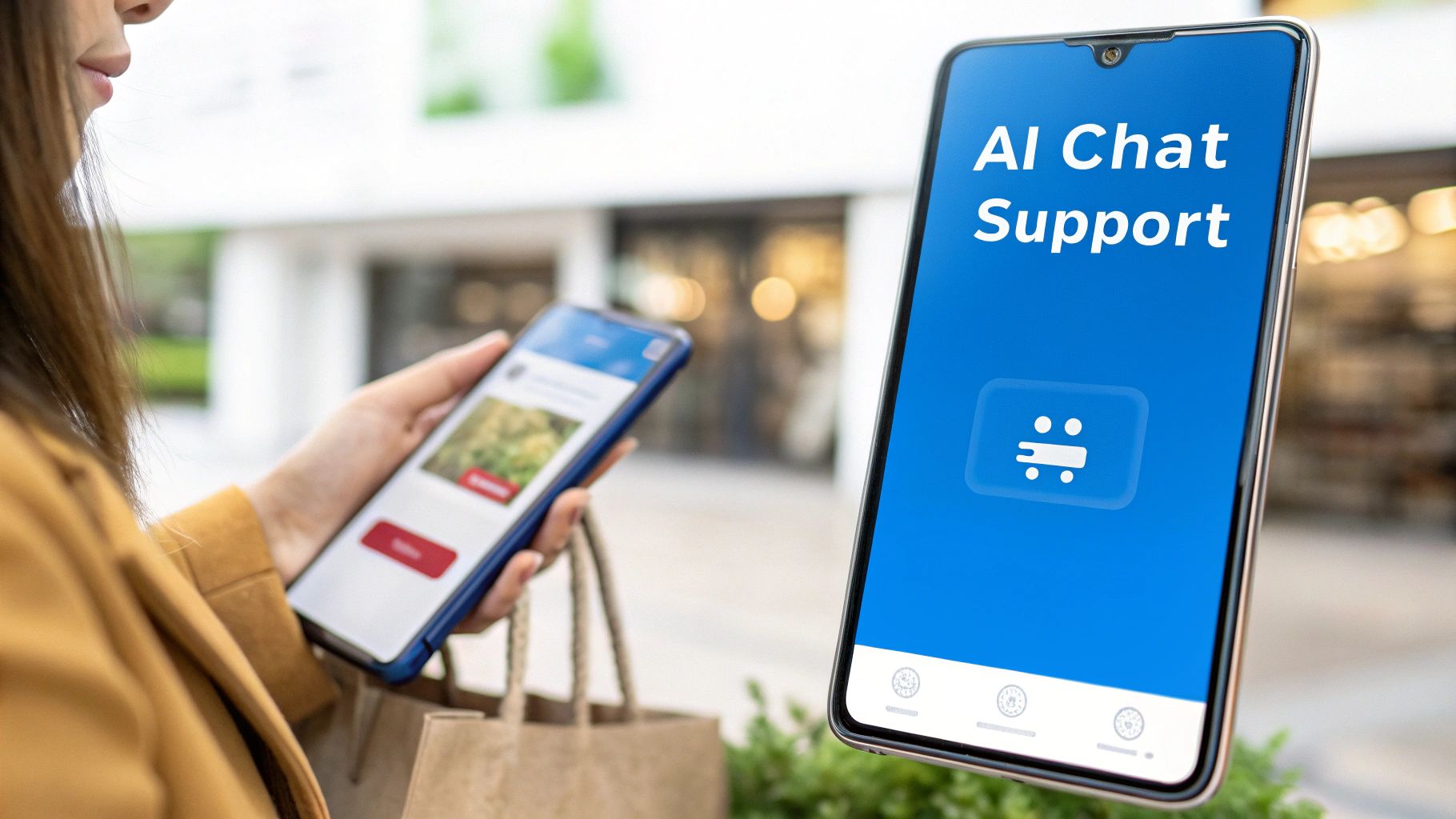A woman uses a smartphone while another displays 'AI Chat Support' for digital assistance.