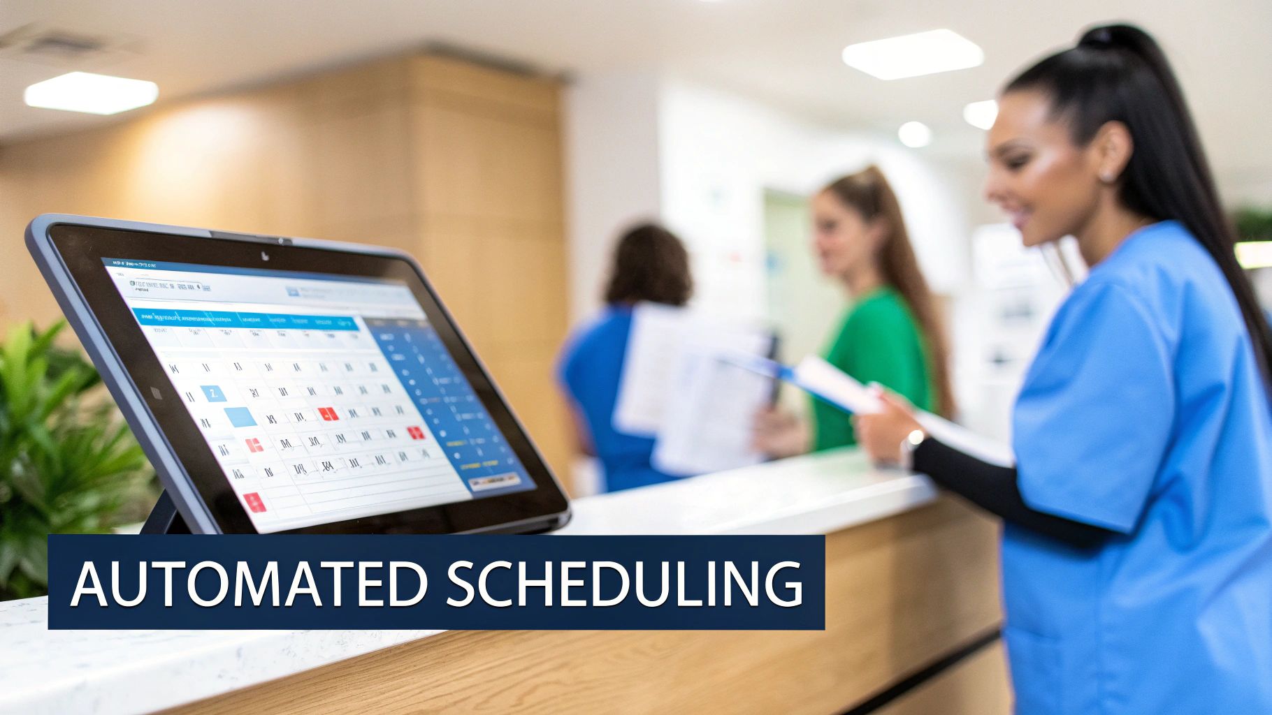 Smiling medical staff at a clinic reception, utilizing a tablet with automated scheduling software.
