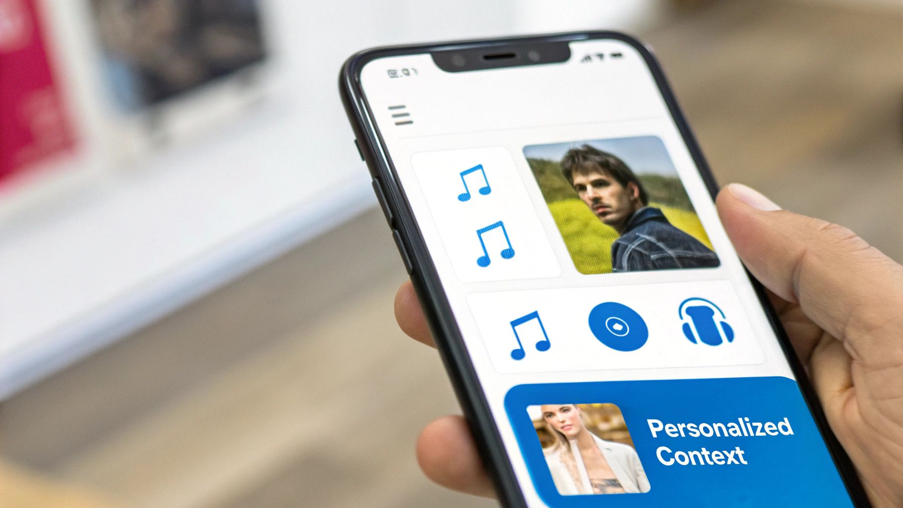 A hand holds a smartphone displaying a music application interface with various icons and personalized content.