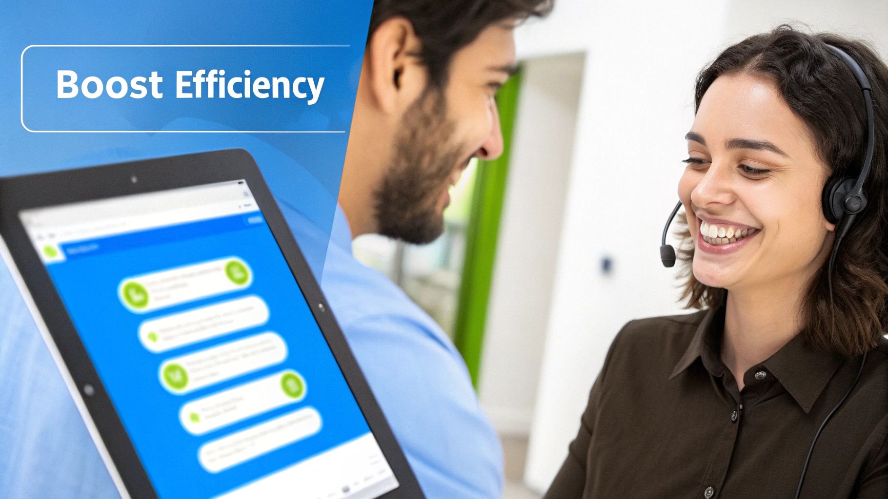 A man looks at a tablet displaying a chatbot while a smiling woman in a headset works, illustrating boosted efficiency.