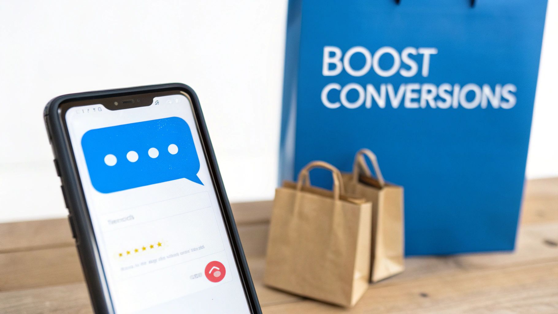 Smartphone showing an AI chatbot and customer ratings, with a 'BOOST CONVERSIONS' bag and shopping bags.