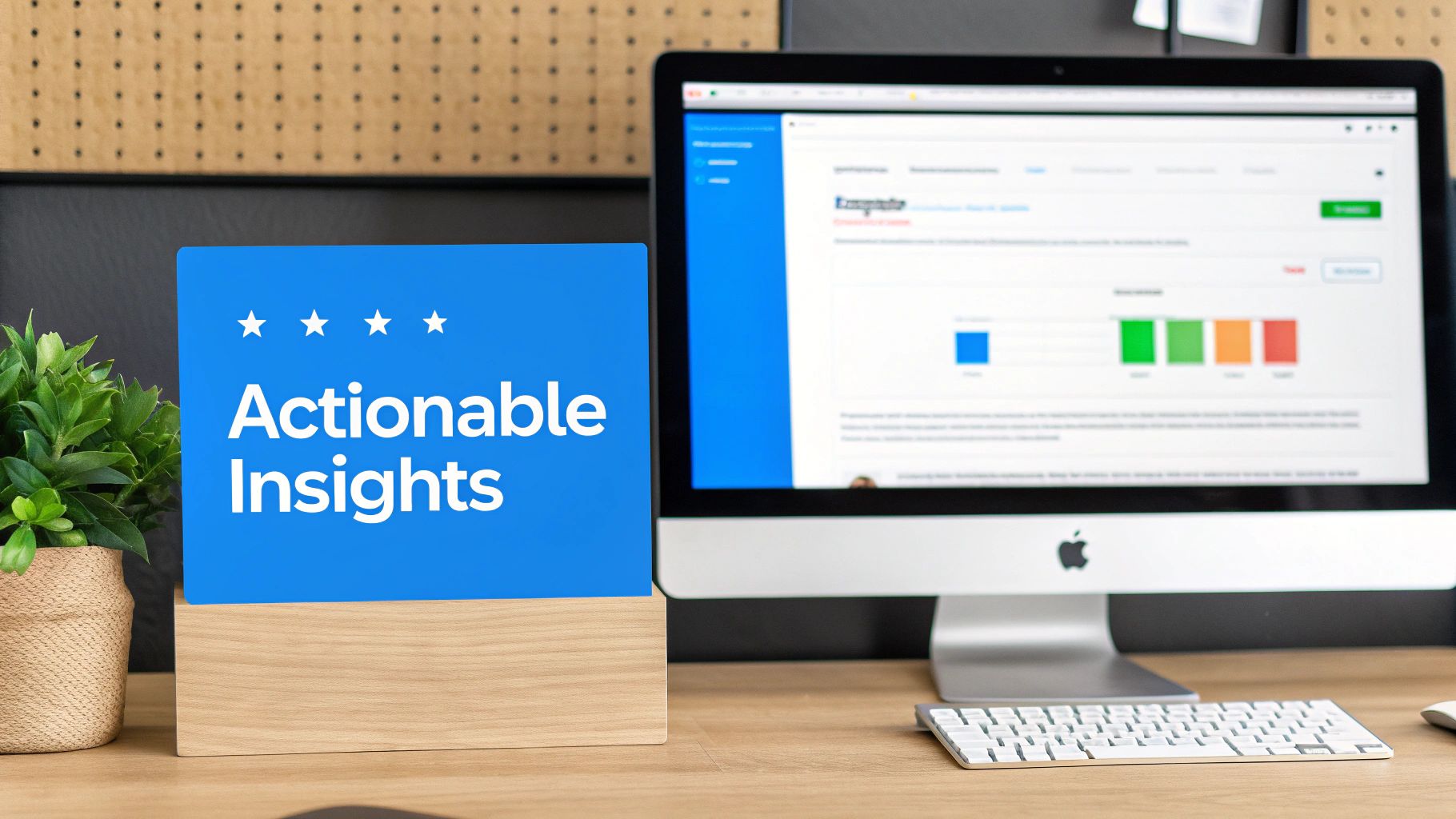 A desk with a blue 'Actionable Insights' sign and an Apple iMac displaying a data dashboard.
