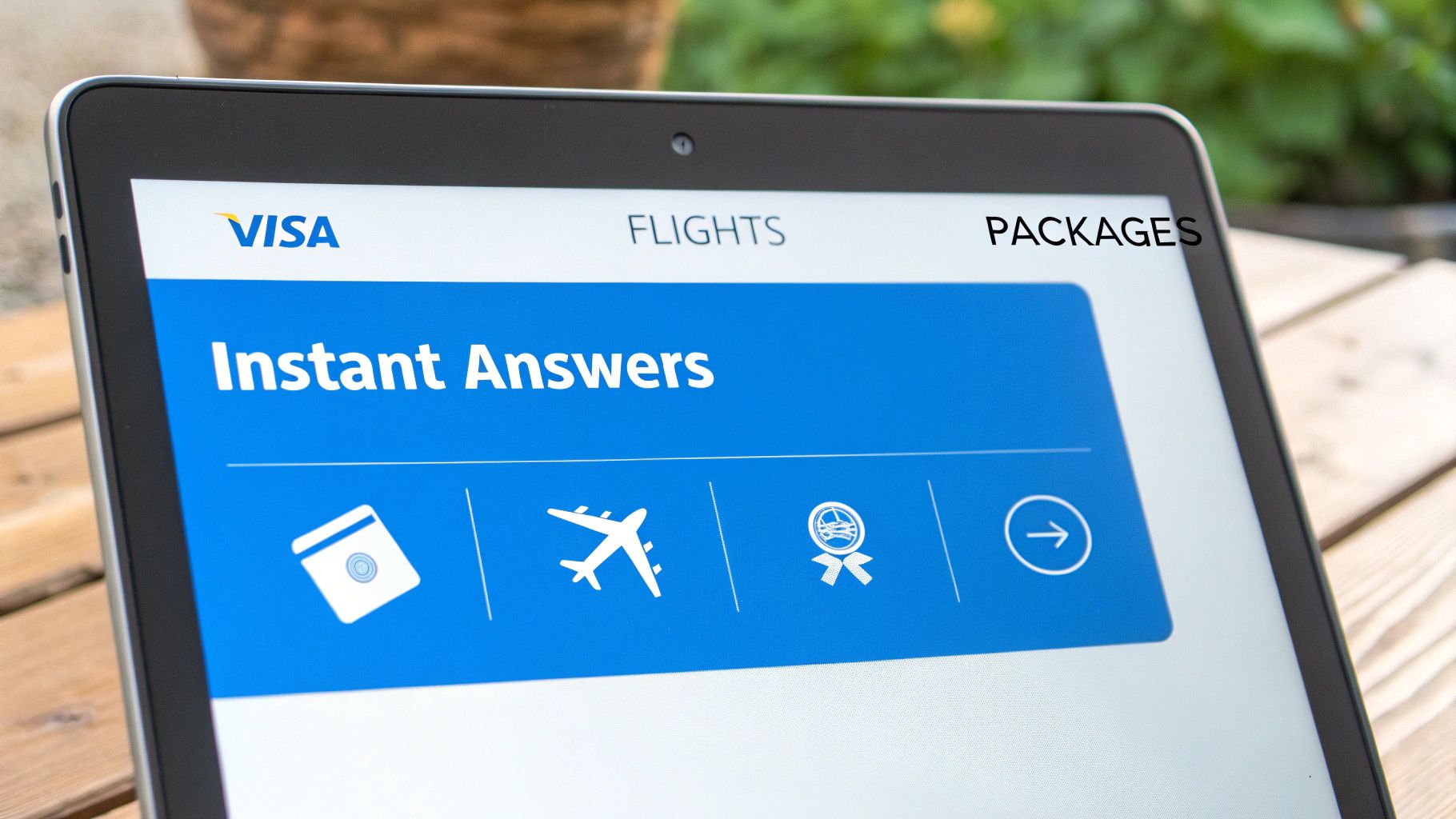 A tablet screen displays a travel app with a VISA logo, showing 'Instant Answers' and icons for flights and packages.