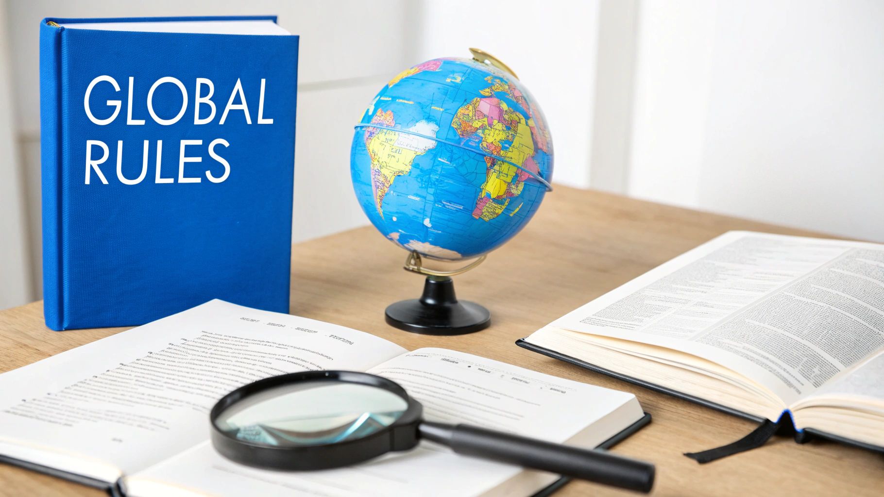 A desk with a blue book titled 'GLOBAL RULES', a globe, and open books with a magnifying glass.