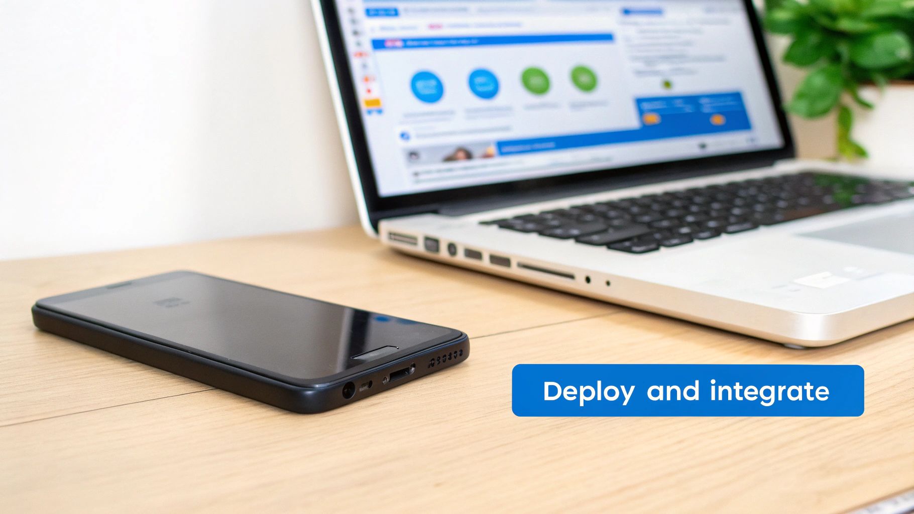 A laptop showing a data dashboard and a smartphone on a wooden desk with a text box.