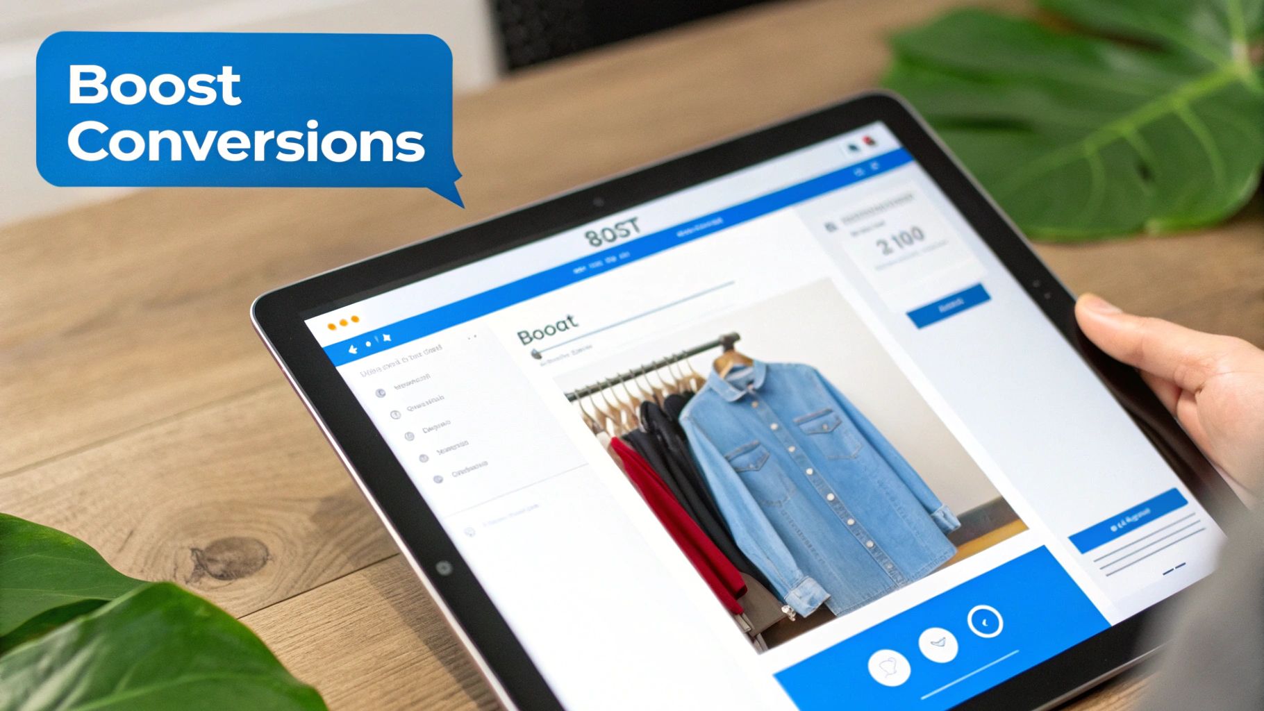 A person holds a tablet displaying an e-commerce website with a denim shirt and 'Boost Conversions' text.