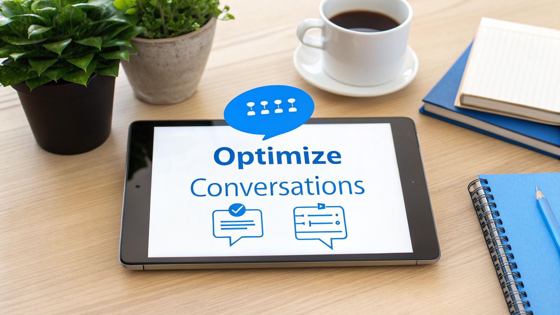 A tablet on a desk displays 'Optimize Conversations' with chat icons, alongside coffee, plants, and notebooks.
