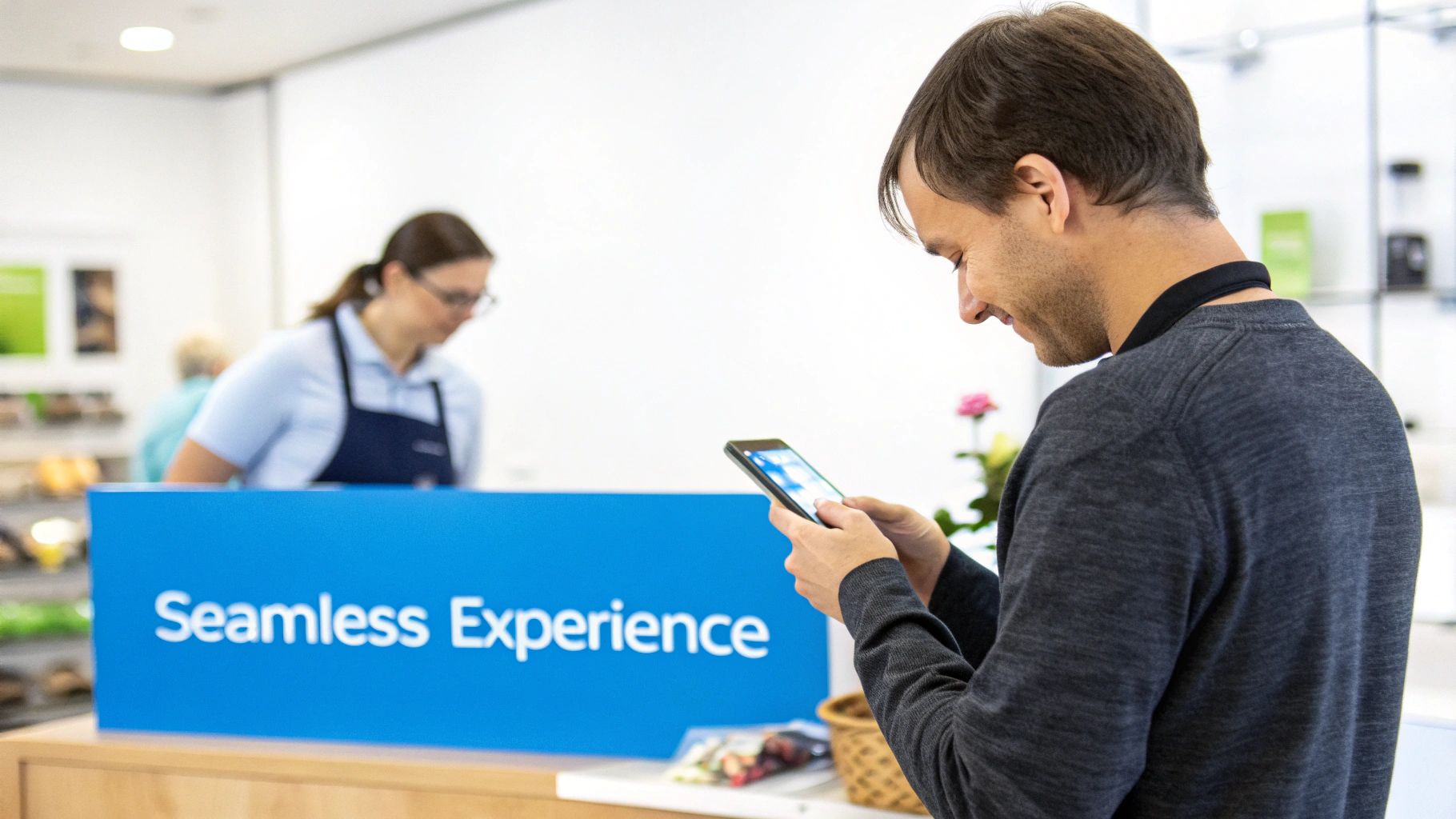 Customer smiling while interacting with a smartphone at a "Seamless Experience" counter.
