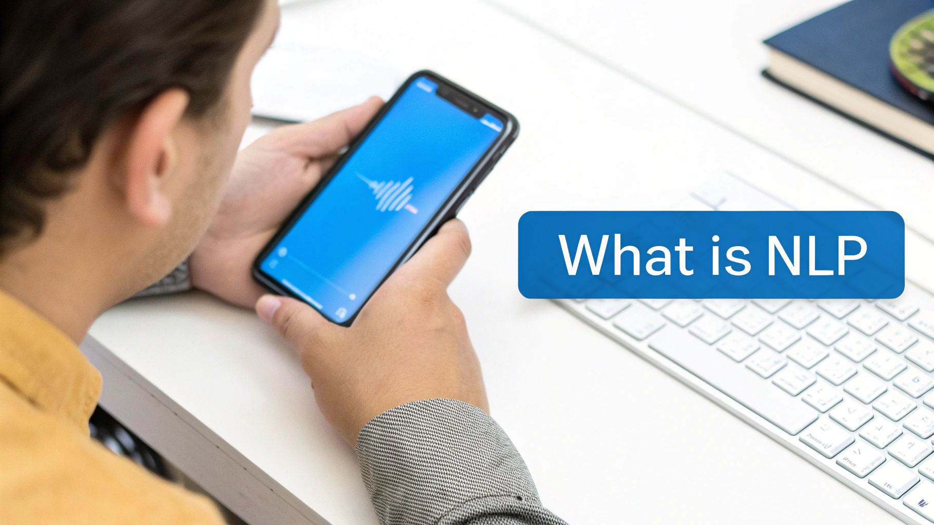 A person holds a smartphone displaying a sound wave, with "What is NLP" text overlay. A keyboard is nearby.