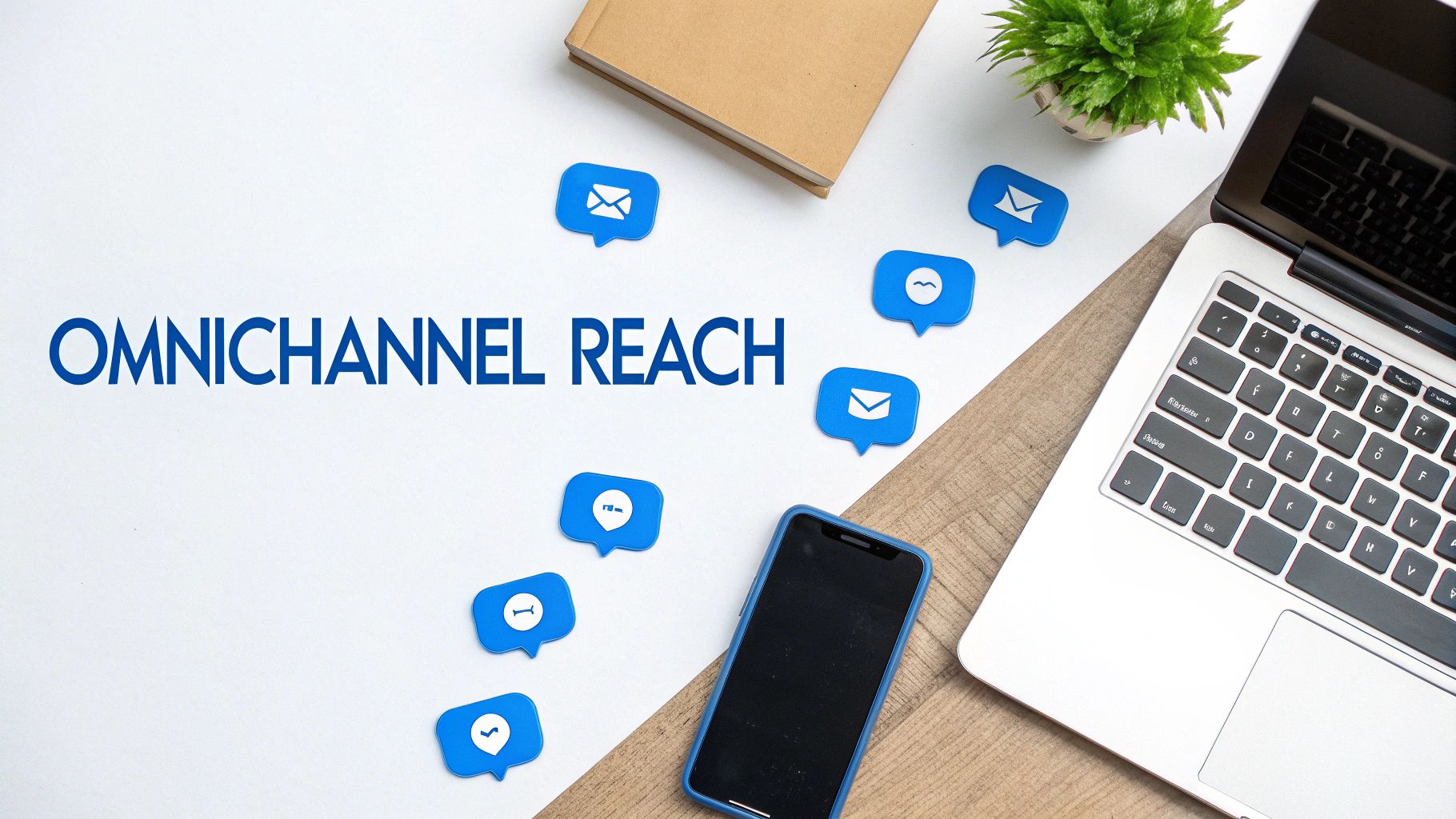 Text 'OMNICHANNEL REACH' surrounded by communication icons, a smartphone, and a laptop.