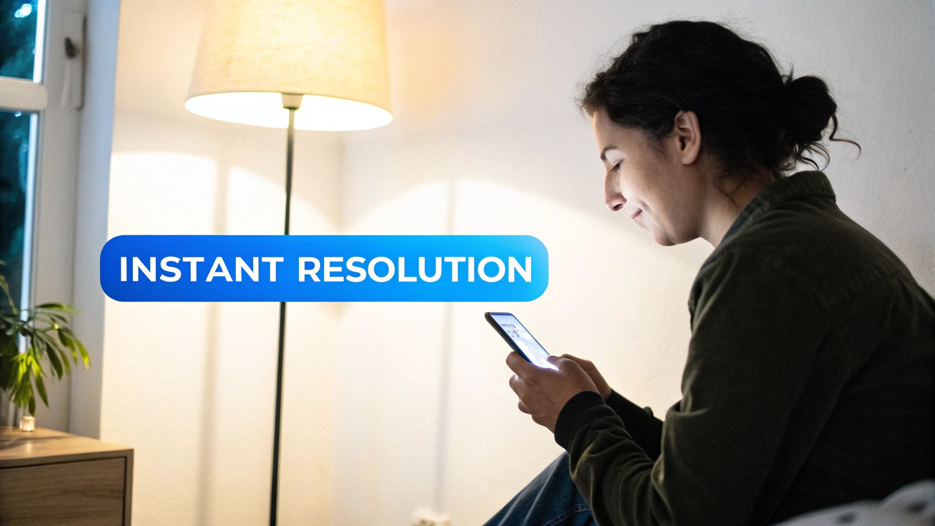 A smiling woman uses her smartphone indoors, with an "Instant Resolution" text overlay.