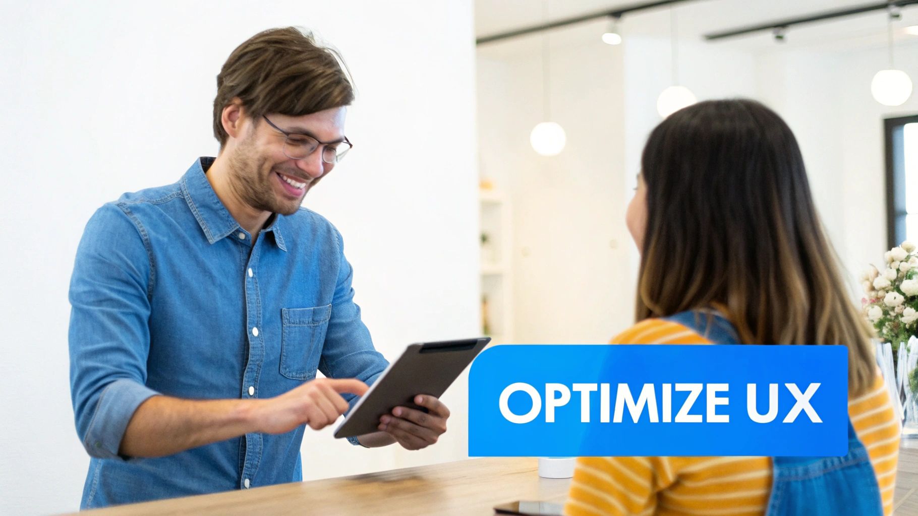 A smiling man in glasses showing a tablet to a woman, with 'OPTIMIZE UX' text overlay.
