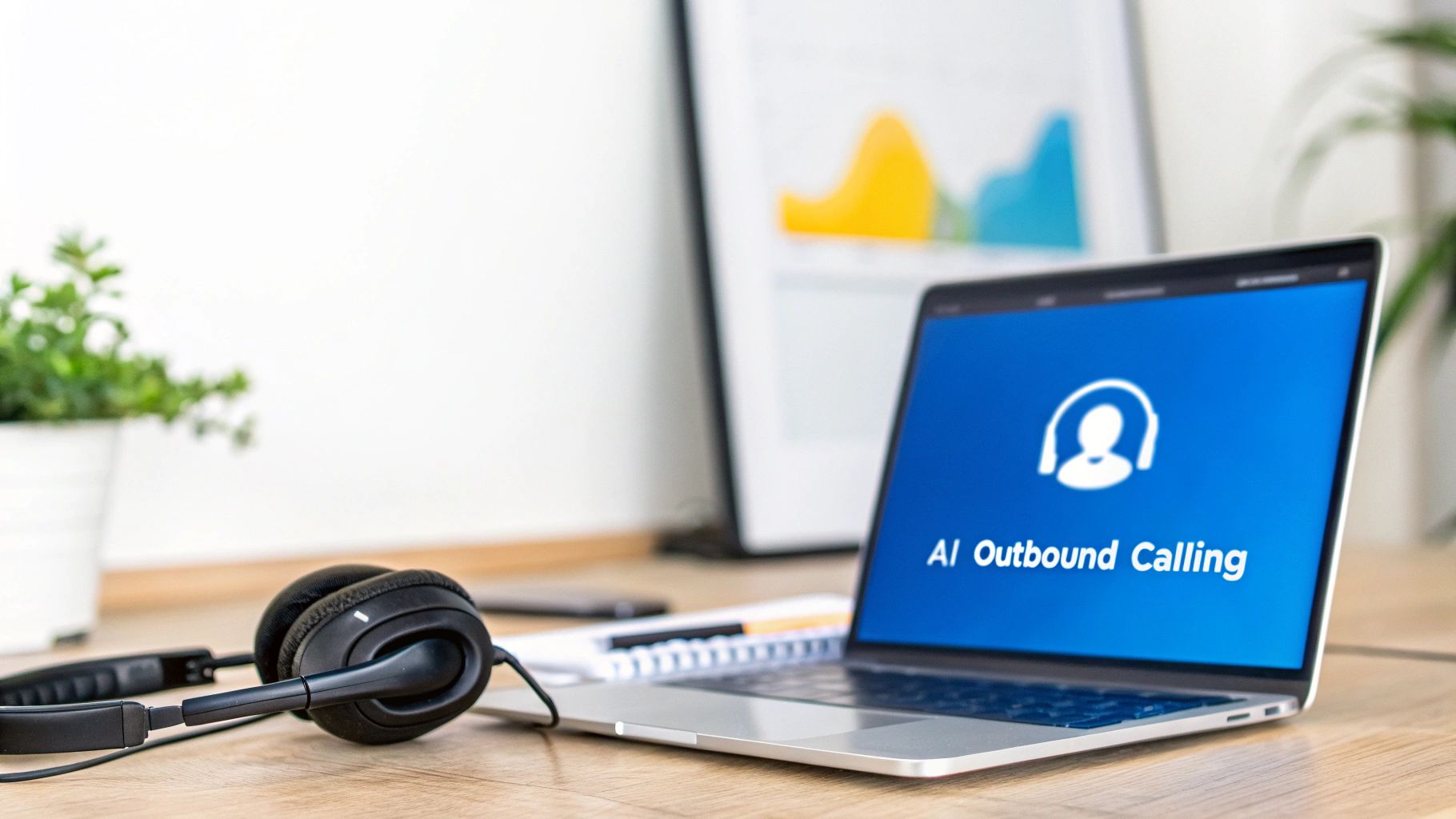 A laptop displays 'AI Outbound Calling' with headphones on a wooden desk, symbolizing modern communication.