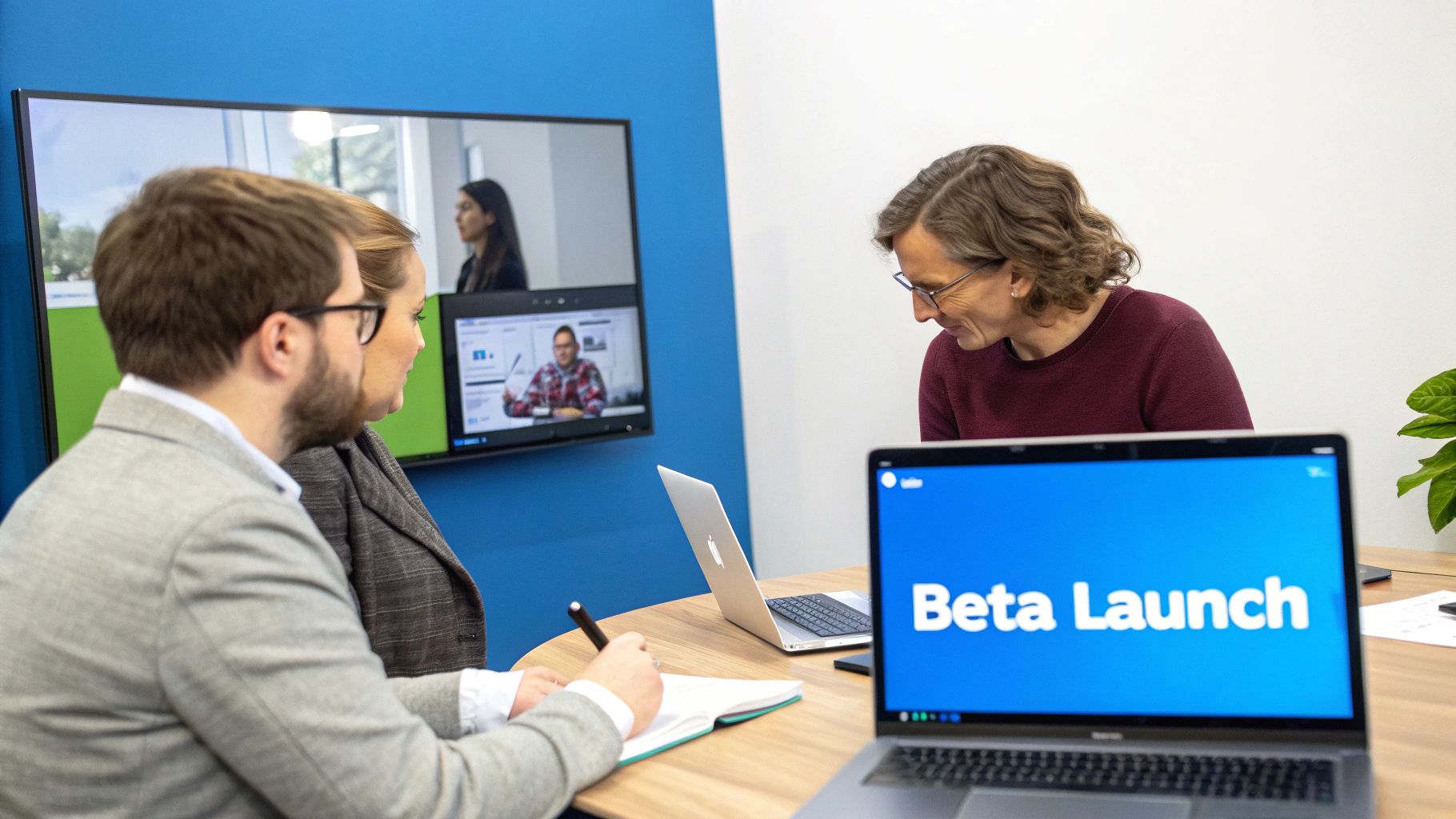 A team collaborates in a hybrid meeting, with some attendees on video call and a laptop displaying 'Beta Launch'.