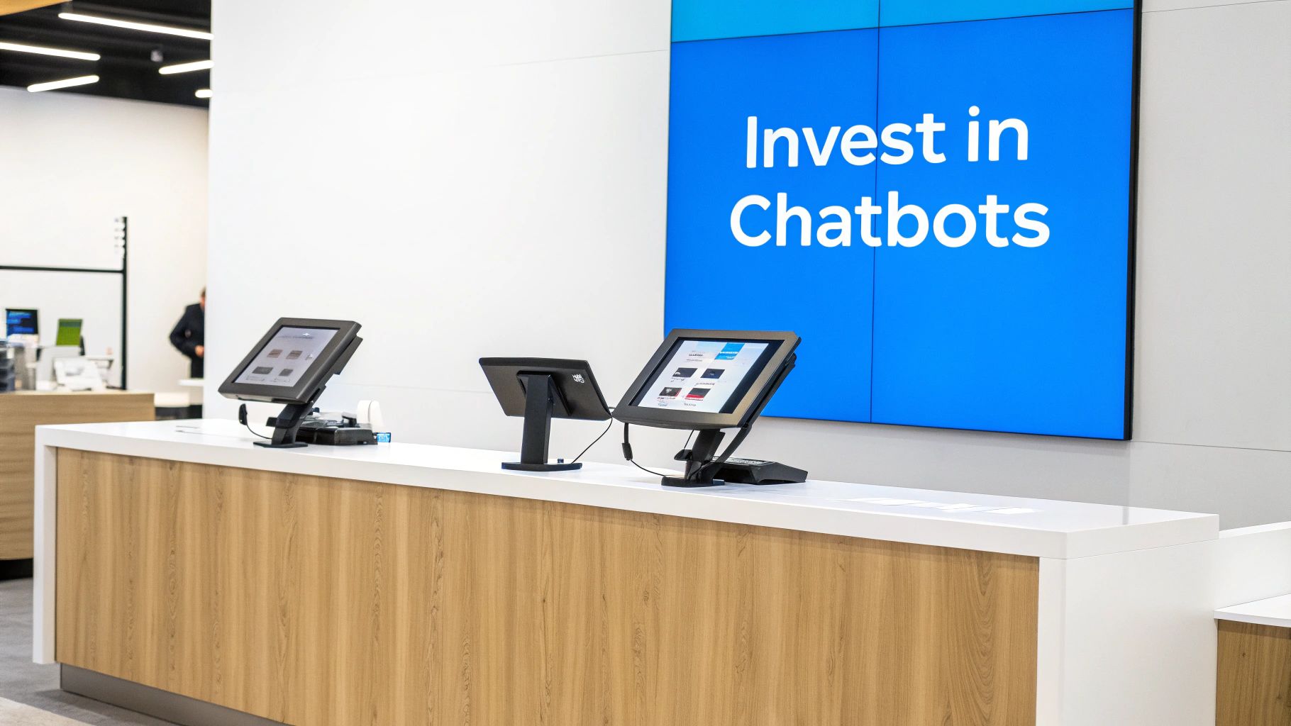 Modern counter with interactive touchscreens and a large blue display promoting AI chatbots.
