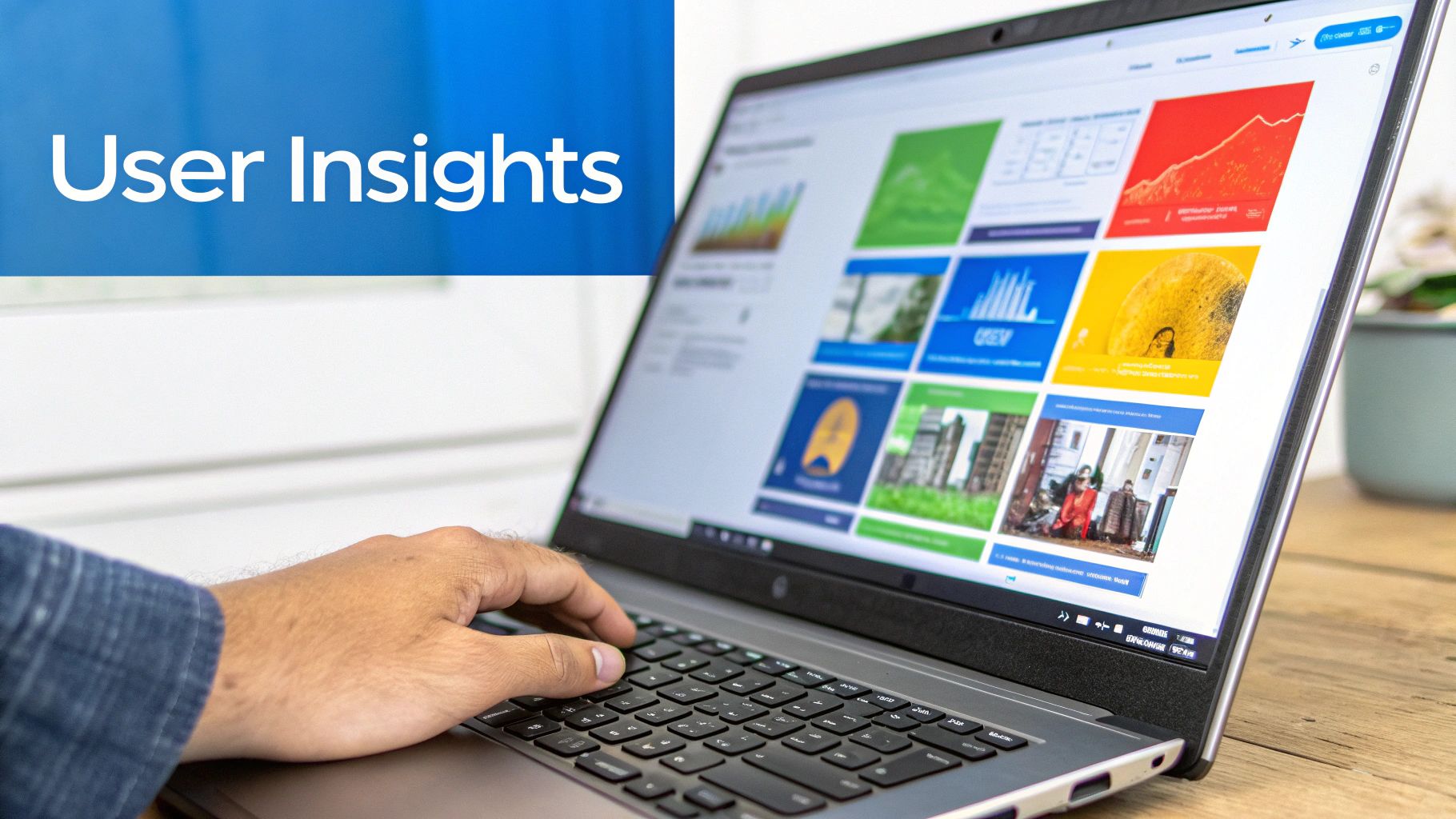 A hand types on a laptop displaying various charts, graphs, and images, next to a blue banner with 'User Insights'.