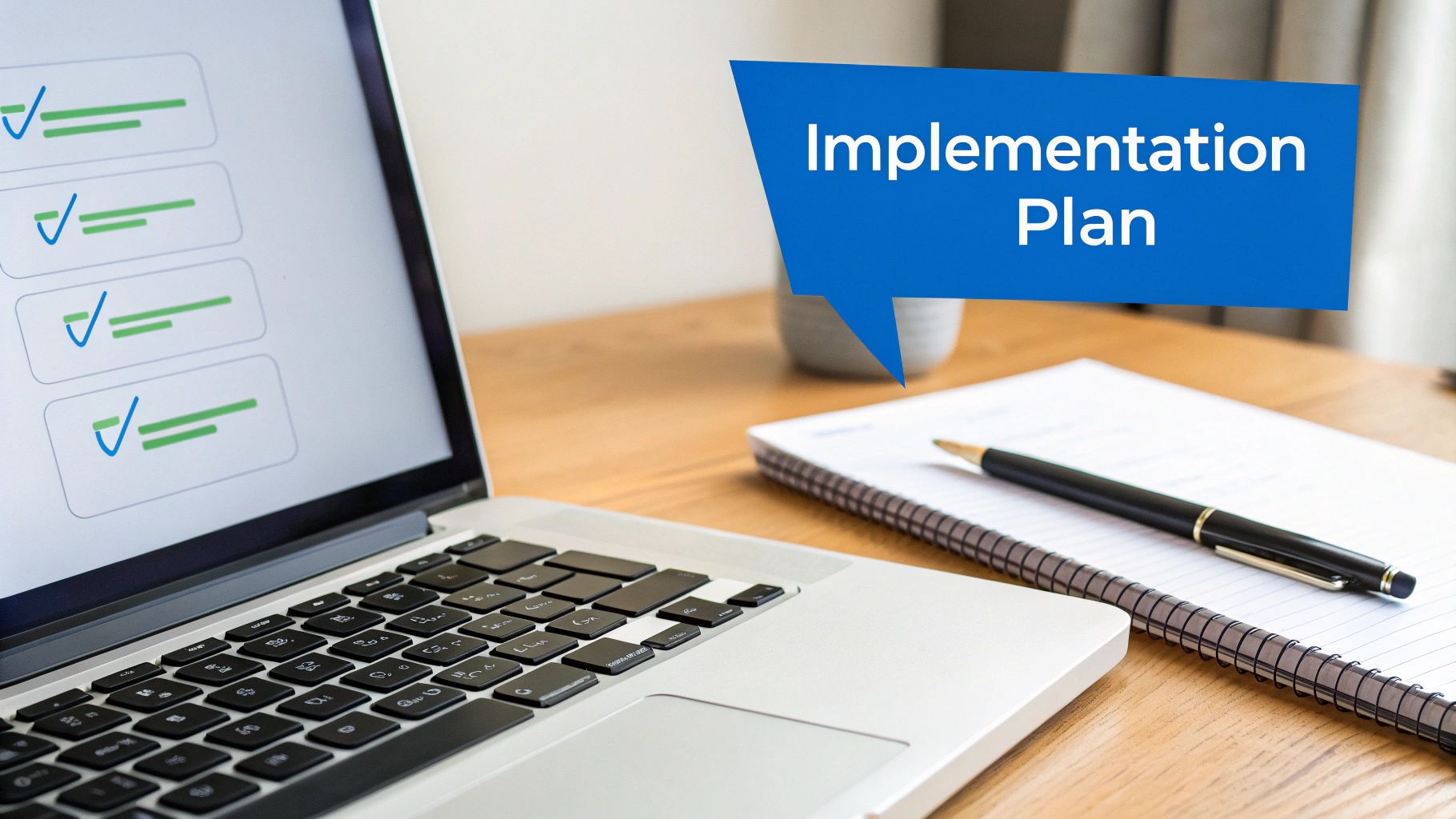 Laptop showing a checklist on screen next to a notebook with a pen and 'Implementation Plan' graphic.