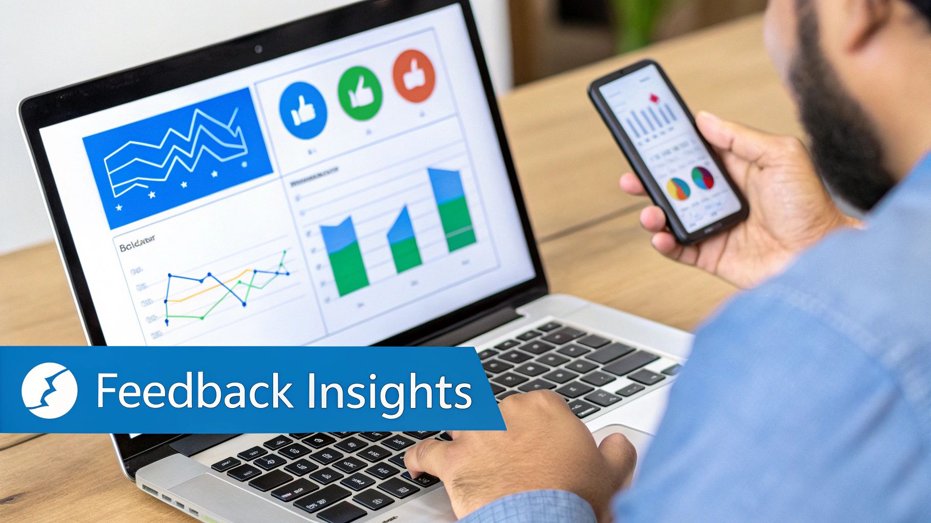 User reviews feedback insights on a laptop and phone, displaying charts and thumbs-up/down.