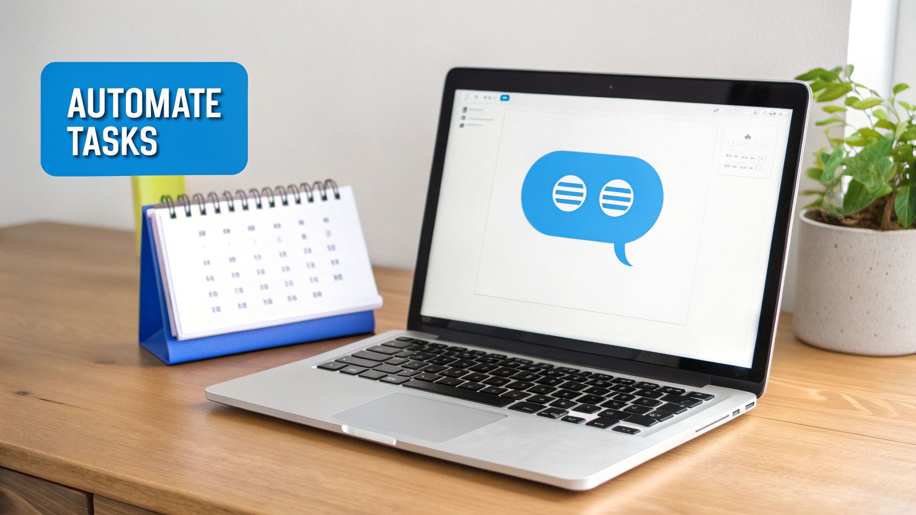 A laptop displaying a blue chatbot icon, a desk calendar, and a houseplant on a wooden table, with 'AUTOMATE TASASKS' text.