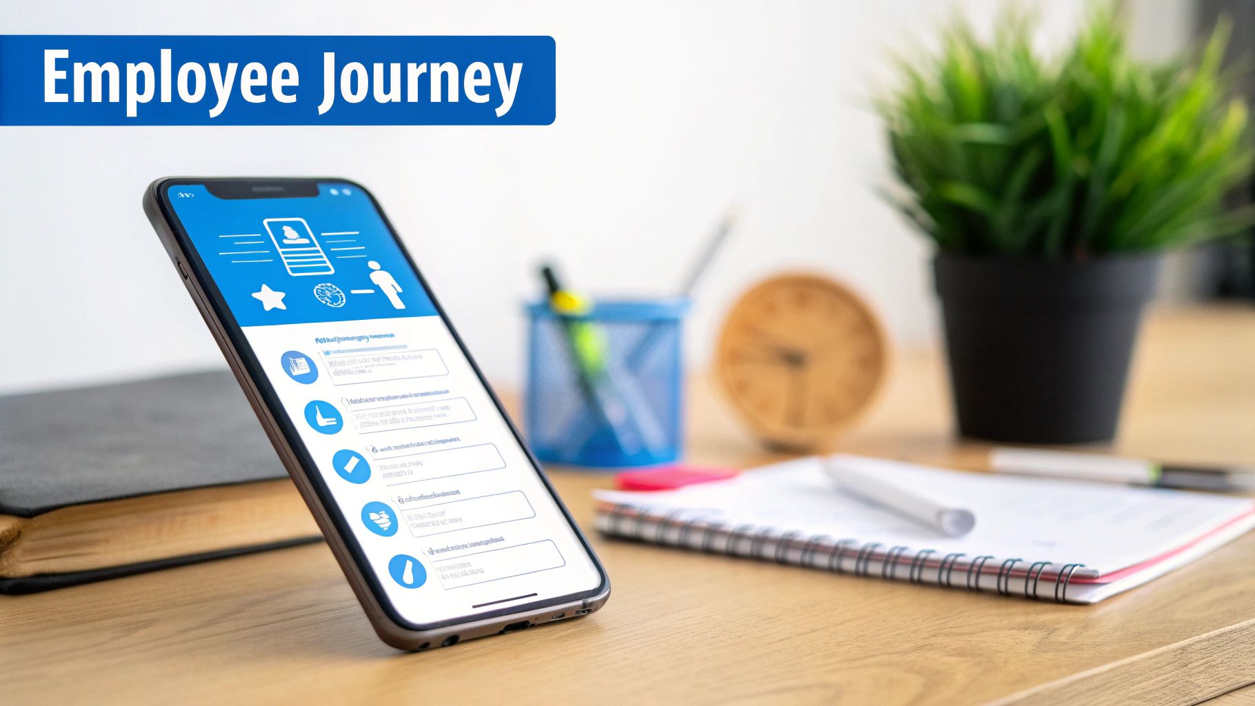 An illustration showing the different stages of an employee's journey, from recruiting to onboarding to ongoing development, with a chatbot icon present at each stage.