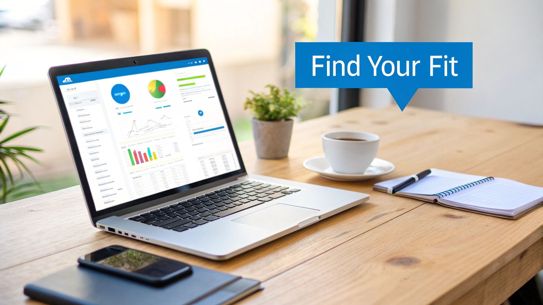 A laptop on a wooden desk displays data visualizations with a coffee, notebook, and a speech bubble saying 'Find Your Fit'.