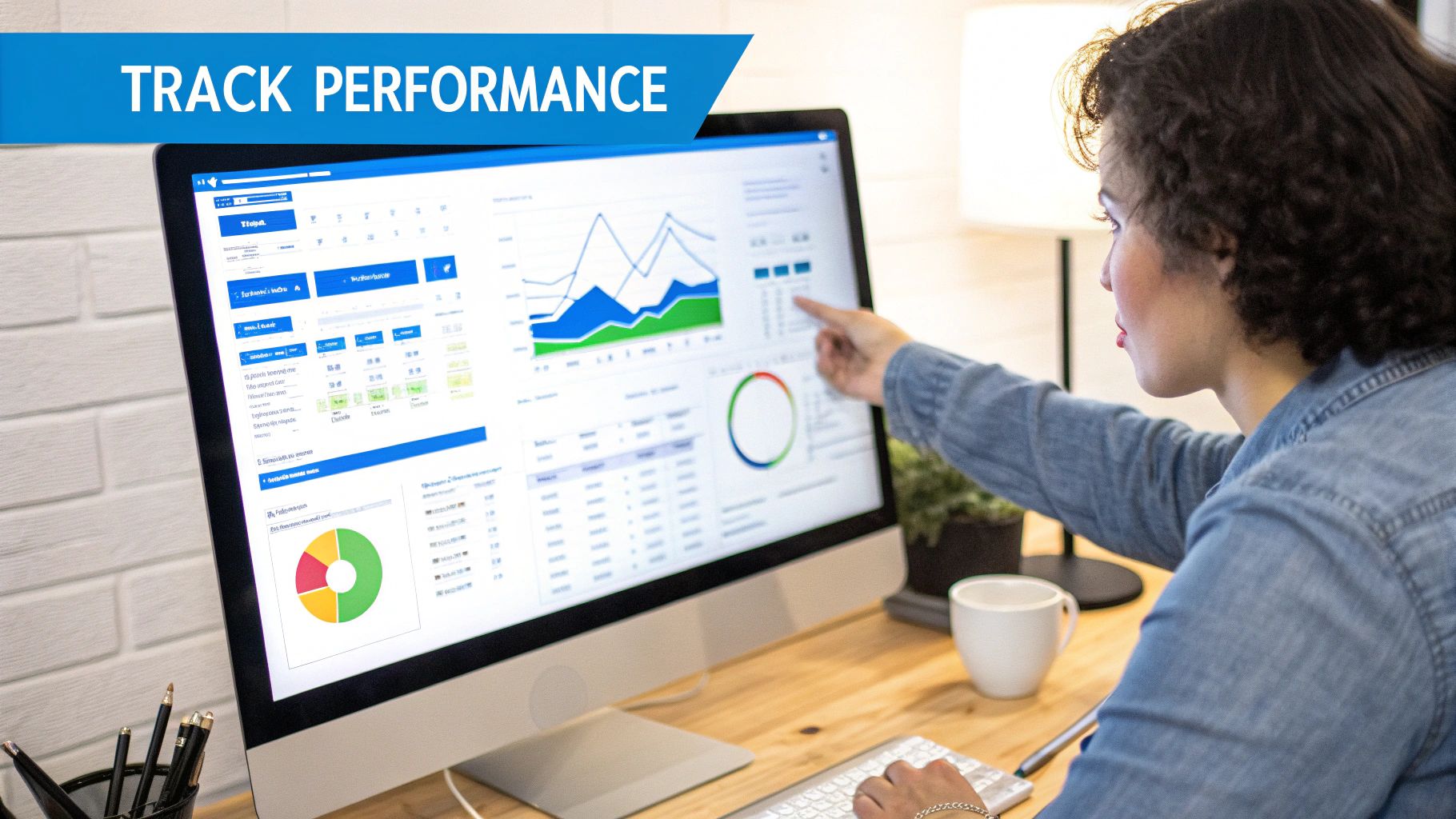 Woman tracking performance metrics on a computer screen displaying charts and graphs.