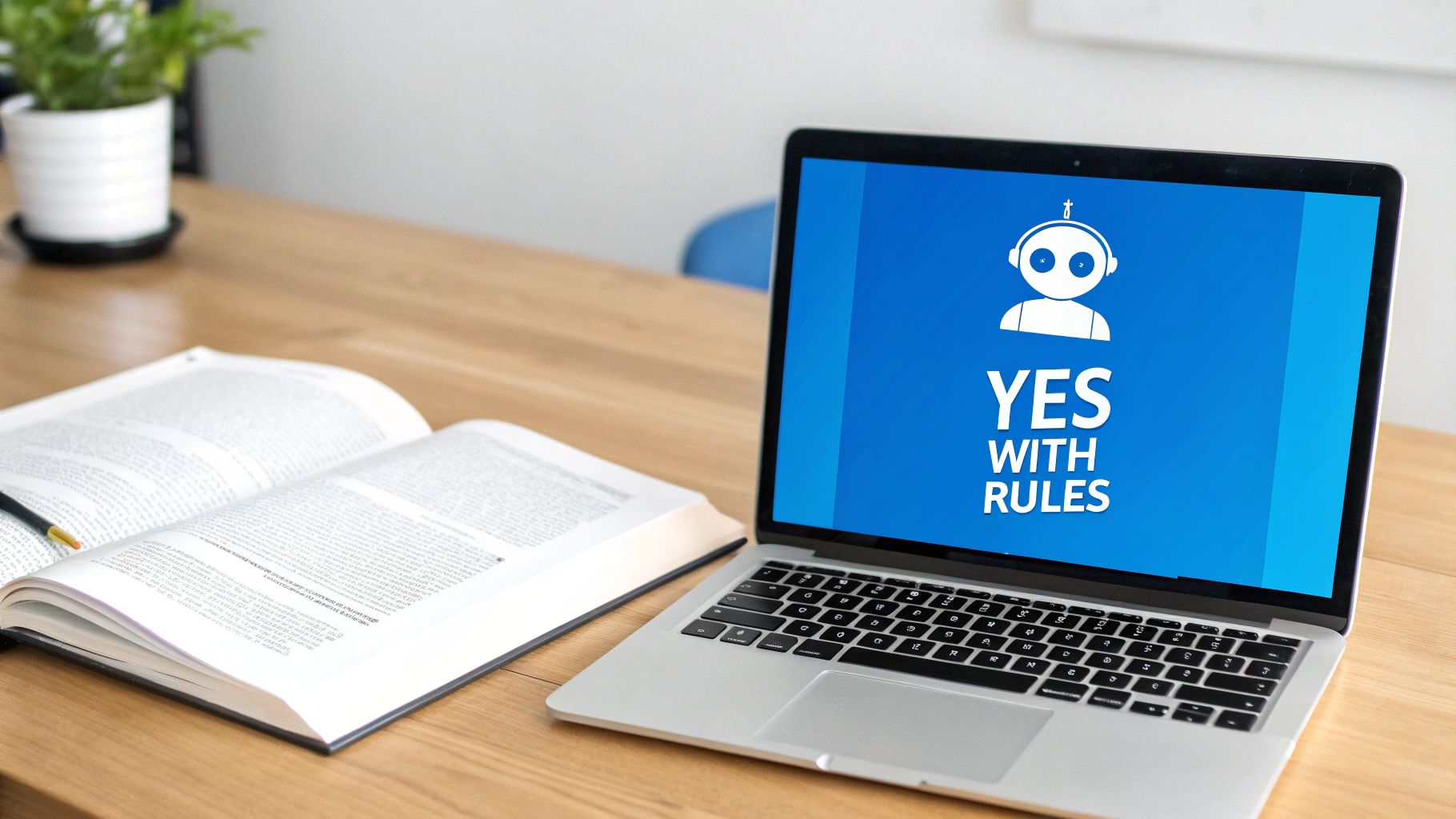 A laptop on a wooden desk displaying a blue screen with a robot icon and the text 'YES WITH RULES', next to an open book.