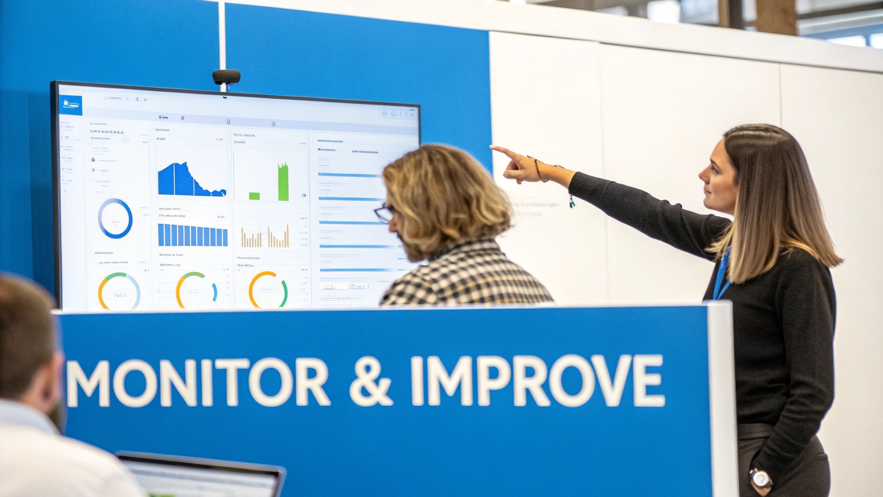 Two people analyze data dashboards on a large screen, one pointing to a chart.