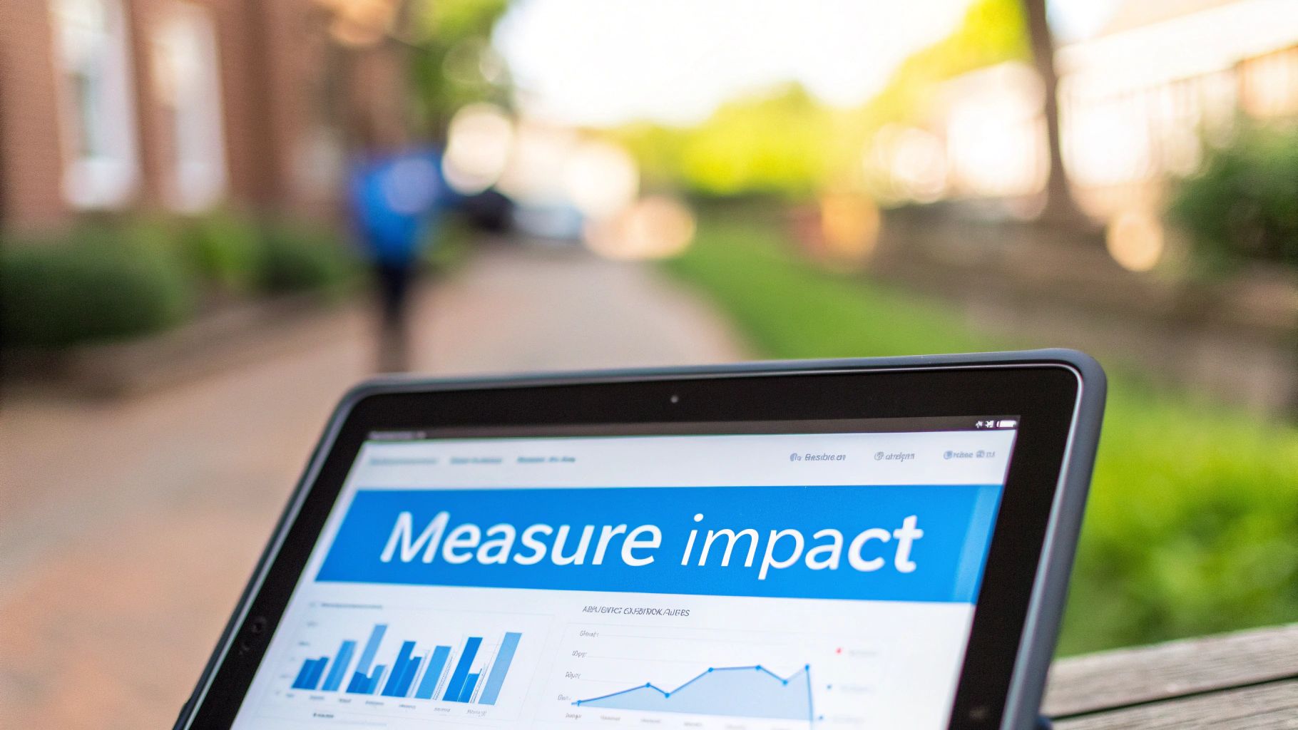 A tablet screen displaying 'Measure impact' with charts and graphs, set outdoors.