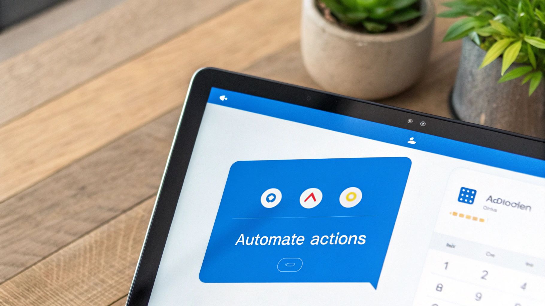 Close-up of a laptop screen displaying a blue chat bubble with 'Automate actions' text and app icons.