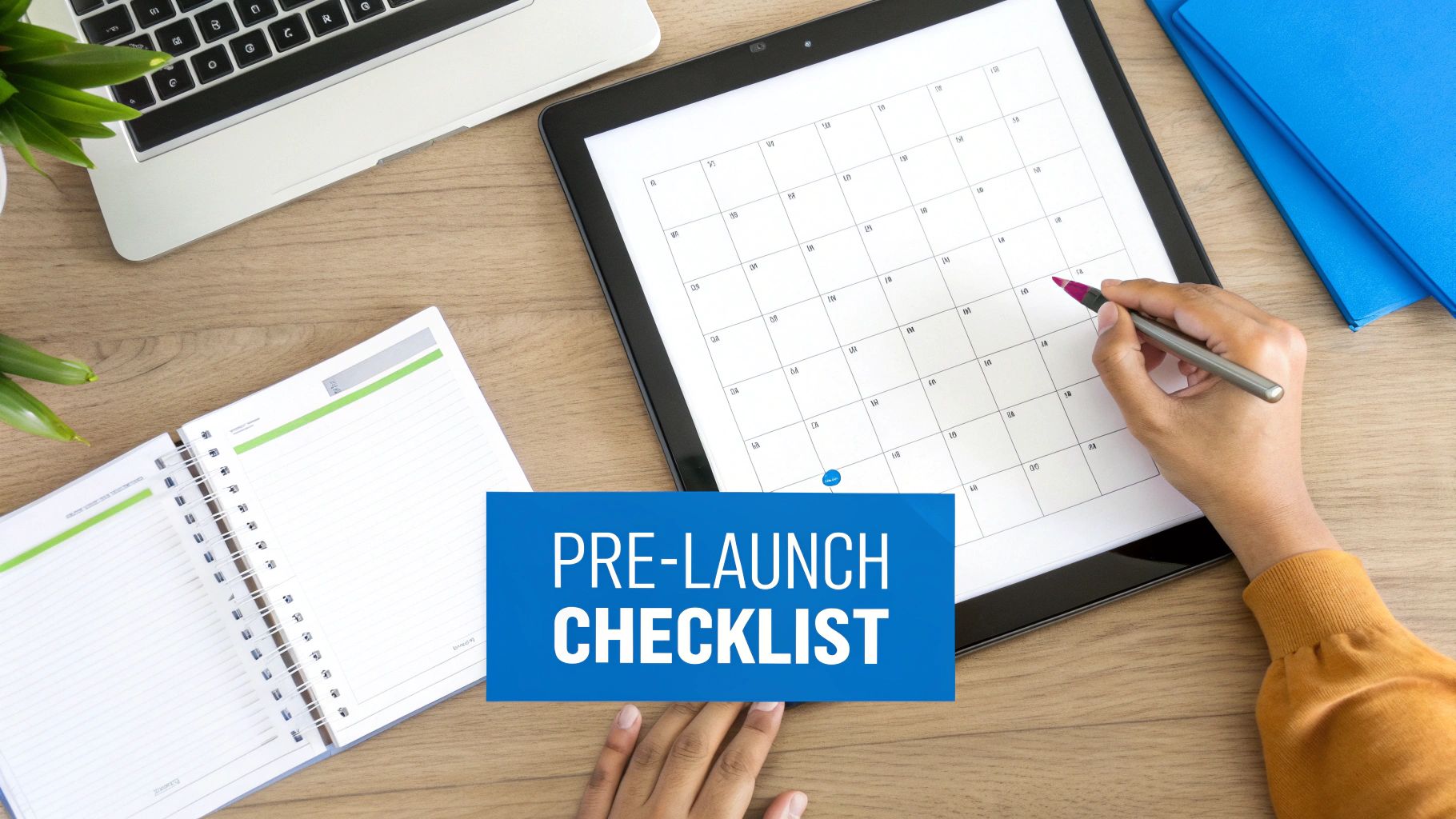 A person at a desk with a checklist, planning the strategy for an Instagram chatbot launch.