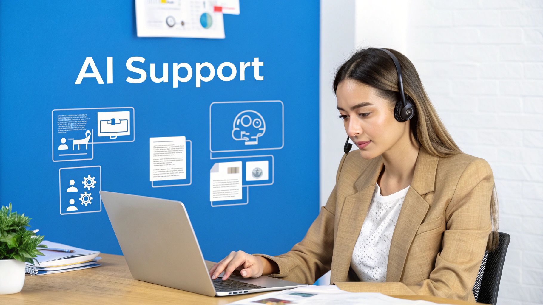 A woman with a headset works on a laptop, with 'AI Support' text and icons on a blue wall.