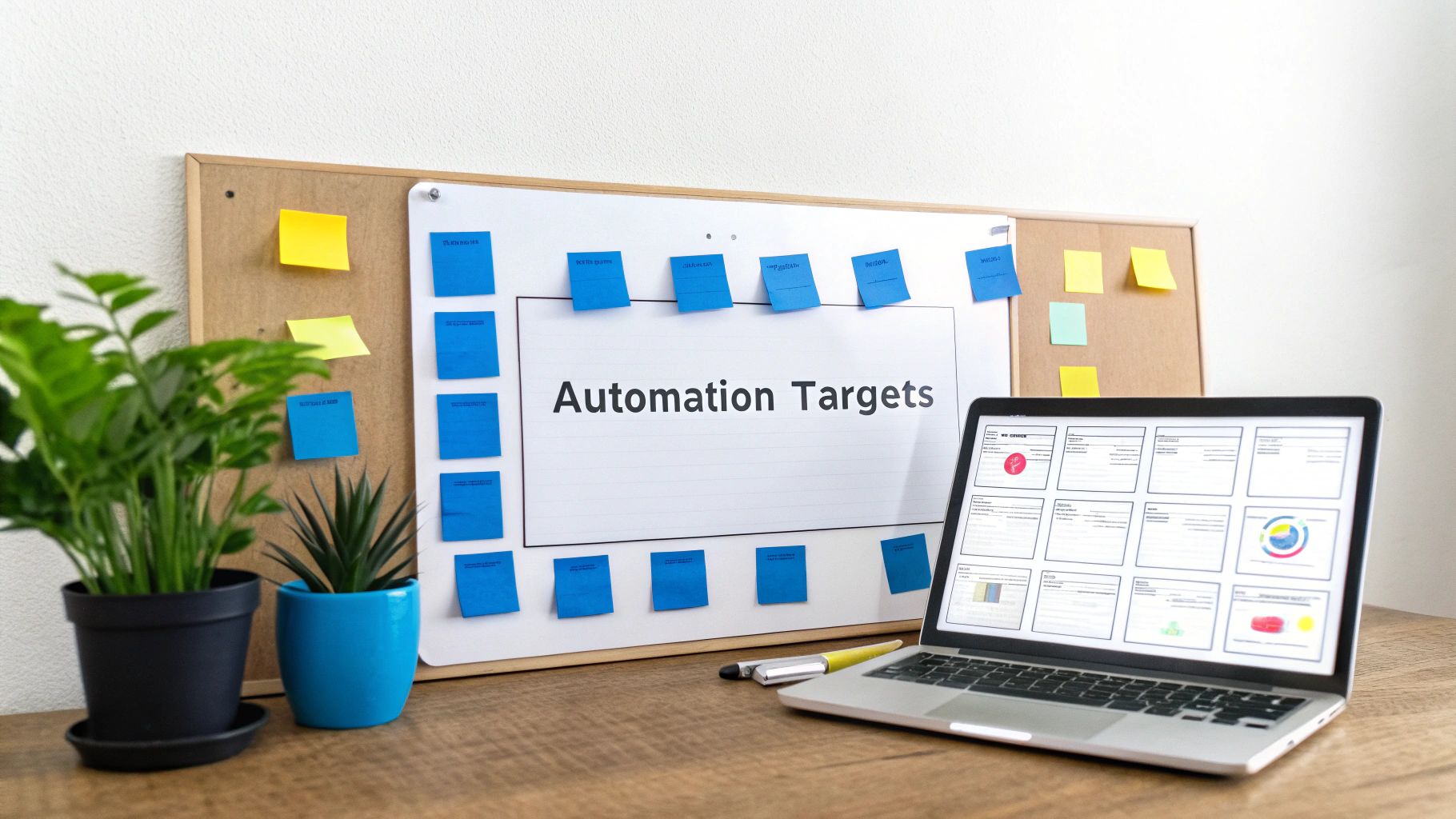 A workspace with a board displaying 'Automation Targets' surrounded by sticky notes, a laptop, and plants.