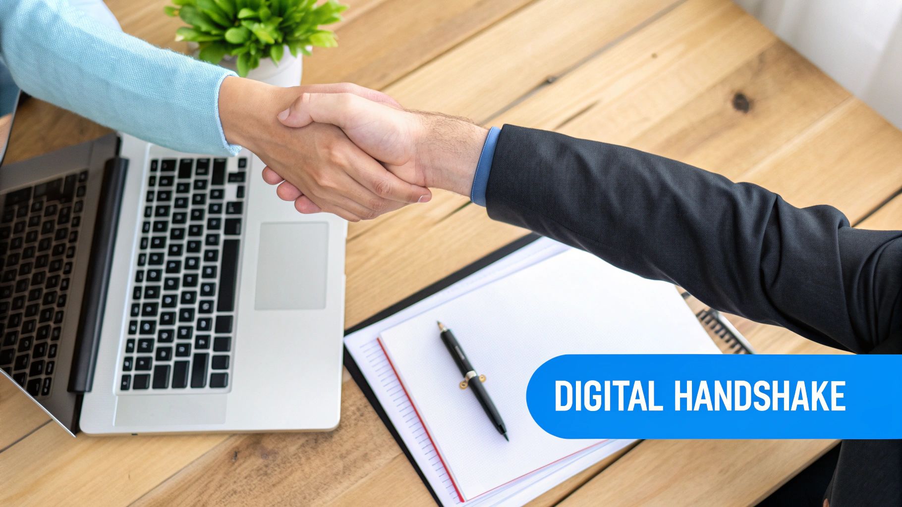 Two individuals shaking hands across a wooden desk with a laptop, notepad, and plant, symbolizing agreement.