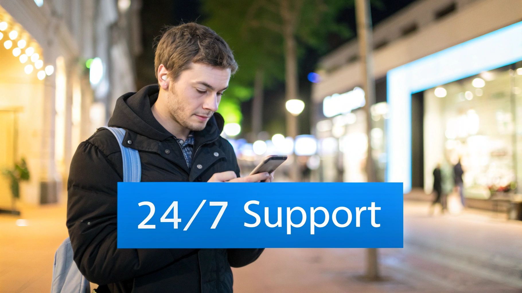 Young man using a smartphone at night on a city street with '24/7 Support' text overlay.