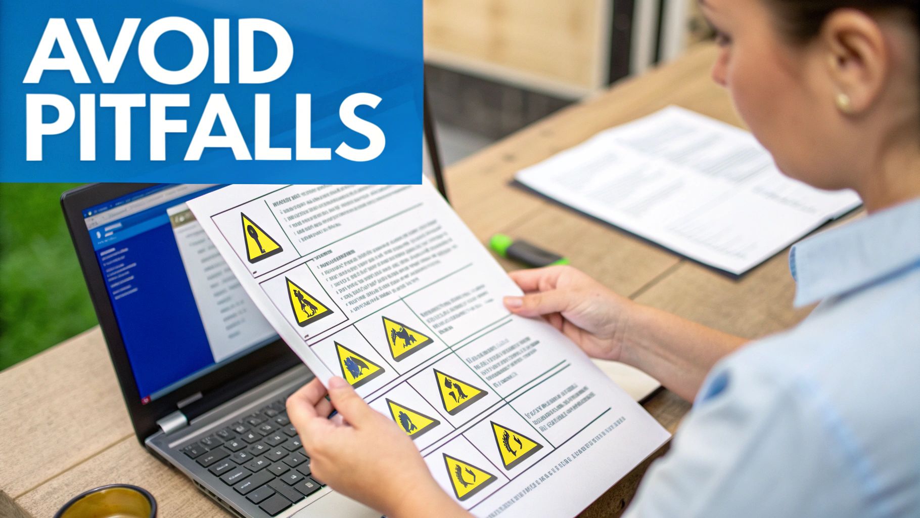 A woman holding a document displaying various safety warning signs, with a laptop nearby and an 'AVOID PITFALLS' banner.