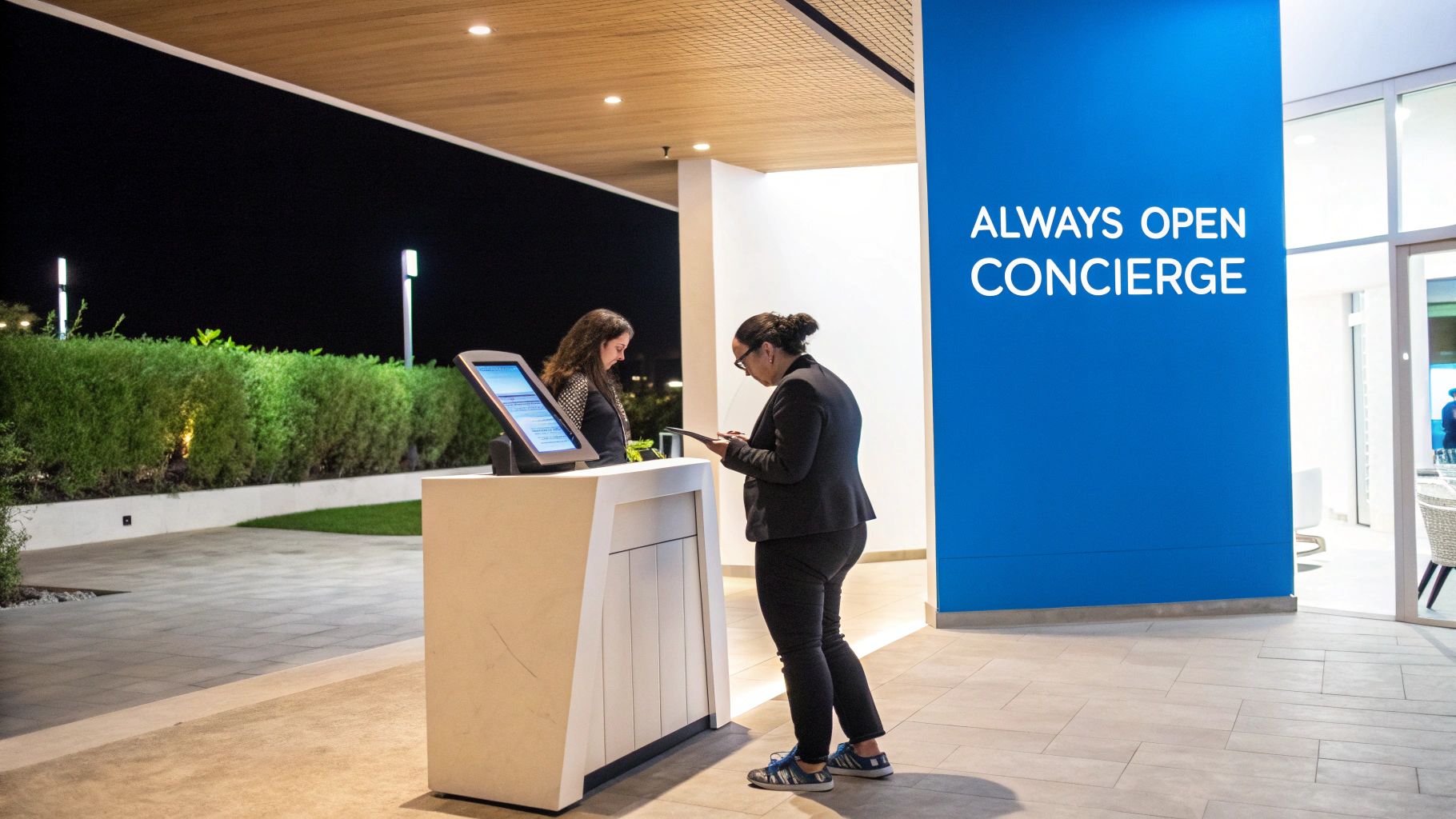 Two women at a hotel concierge desk, one using a tablet, under an 'Always Open Concierge' sign.