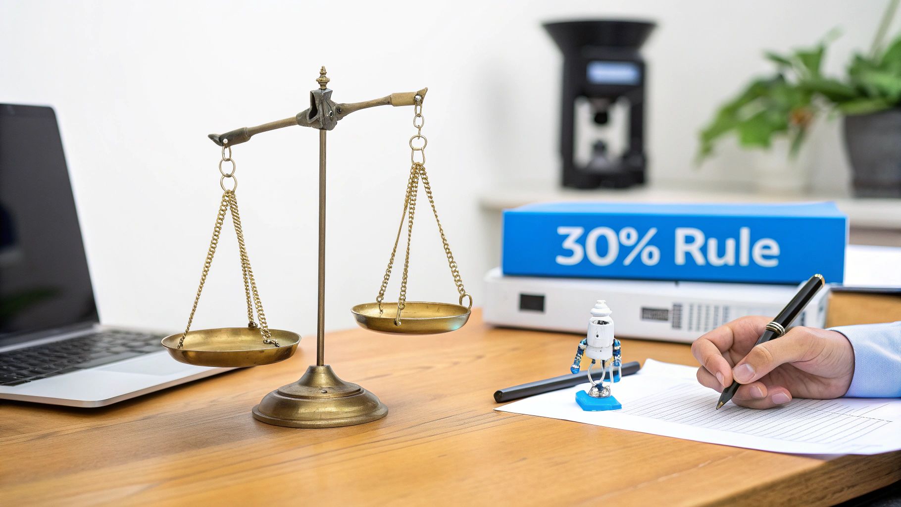 A desk with scales of justice, a laptop, a hand writing, a '30% Rule' box, and a robot.