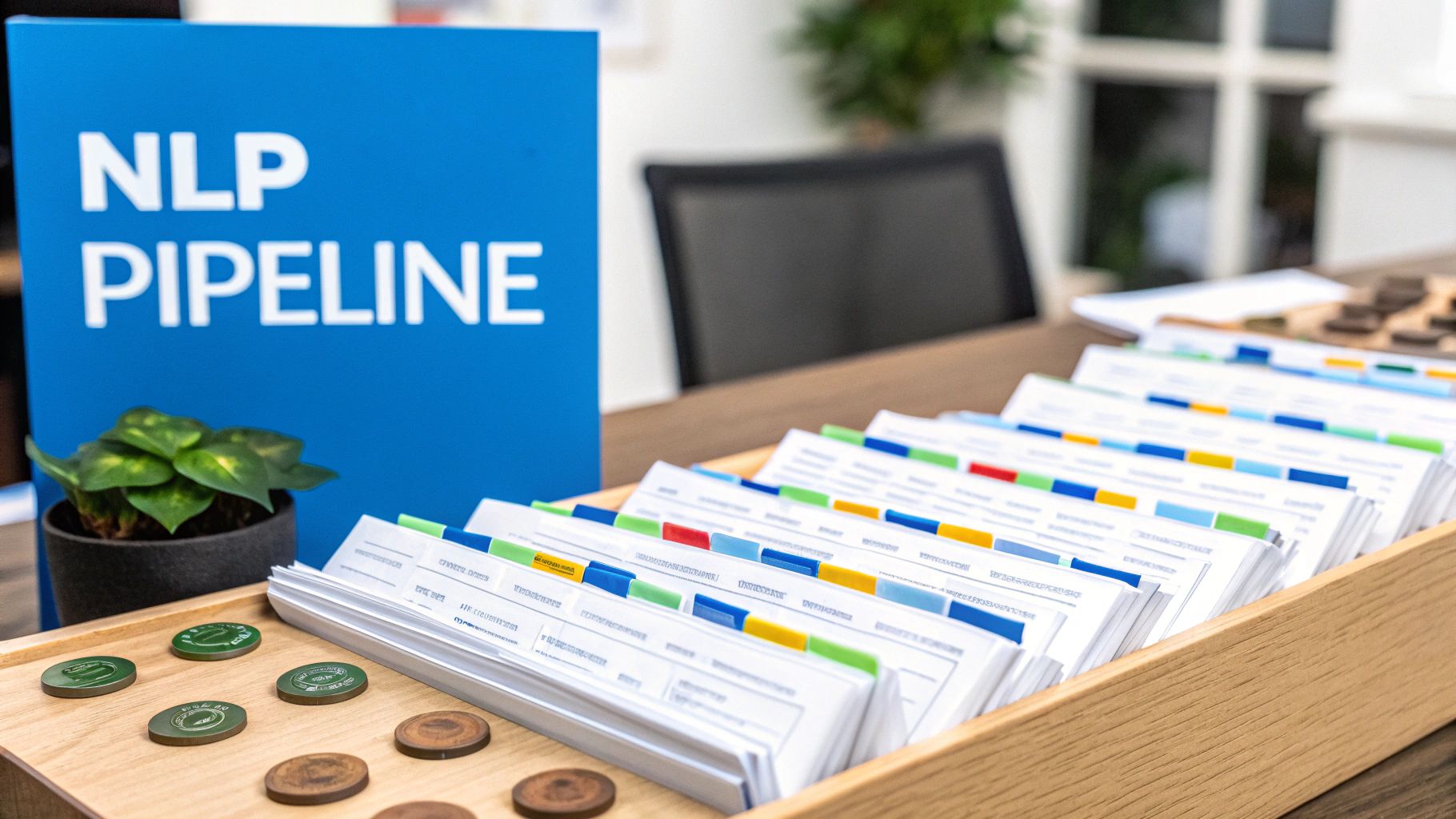 A blue sign reading 'NLP PIPELINE' stands next to a small potted plant and a tray of color-tabbed documents on a desk.