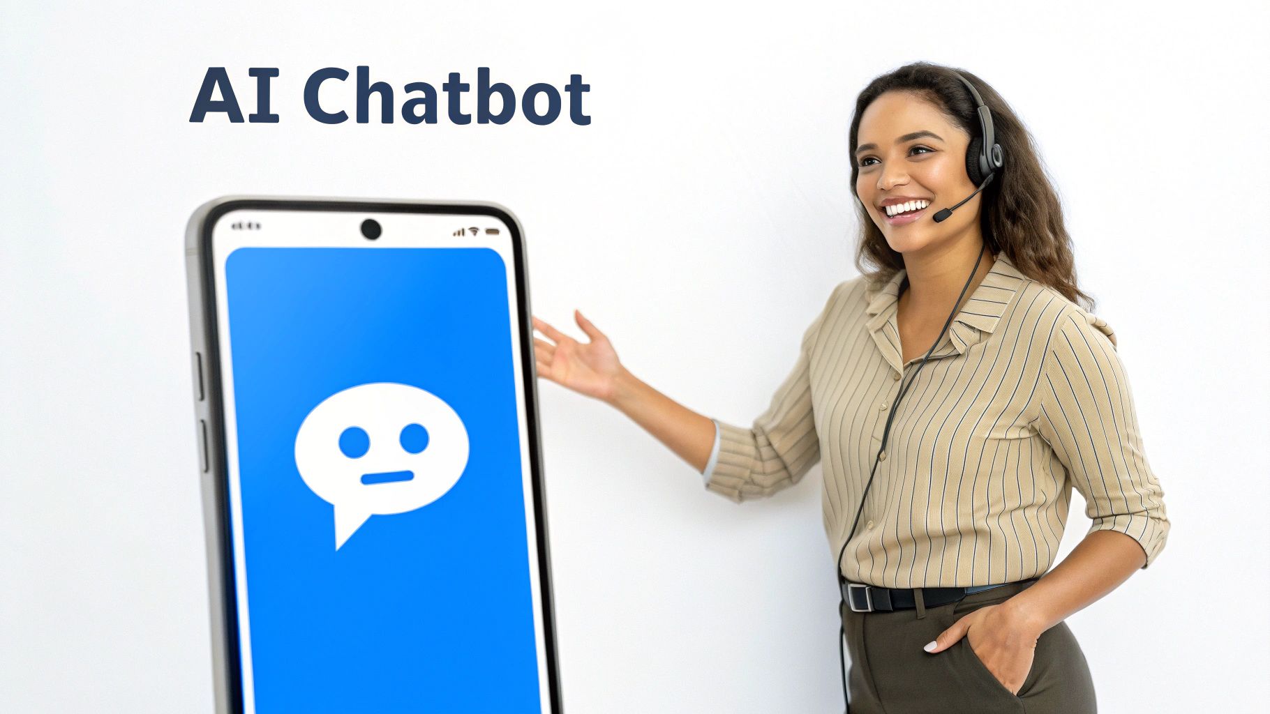 A smiling woman with a headset stands next to a smartphone displaying an AI chatbot icon.