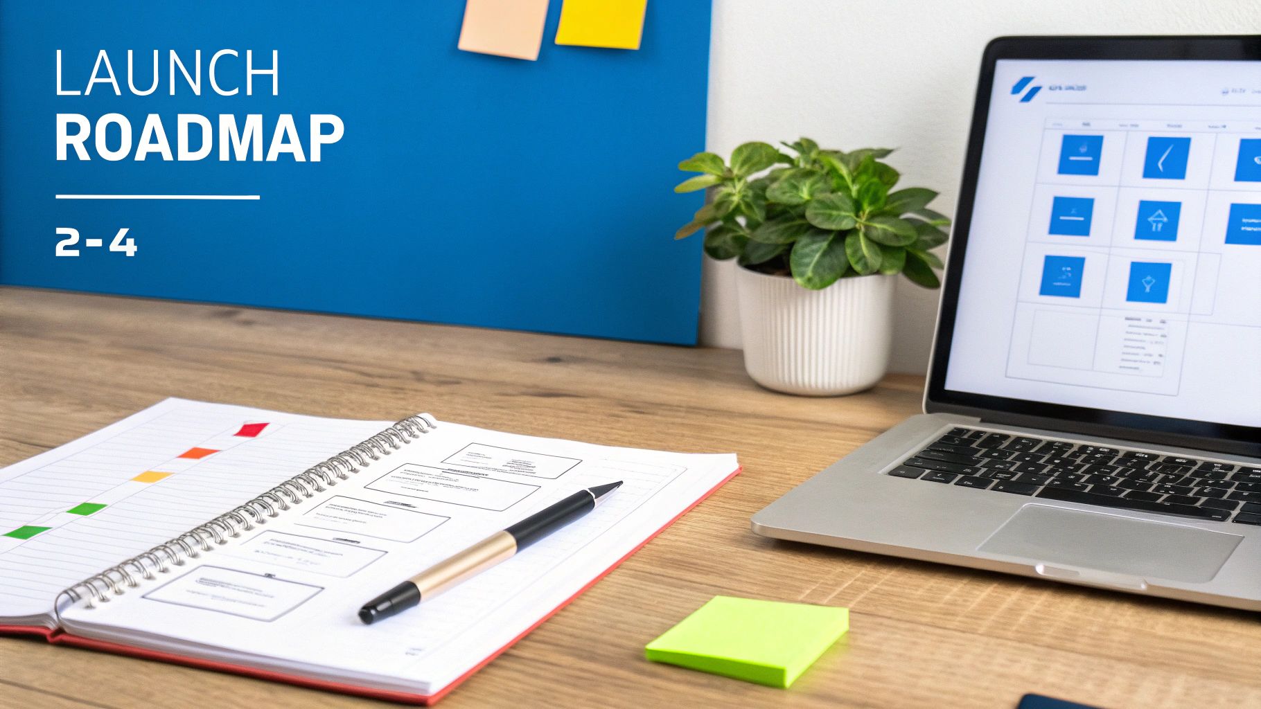 A detailed roadmap graphic showing the stages of AI chatbot implementation from planning to launch.