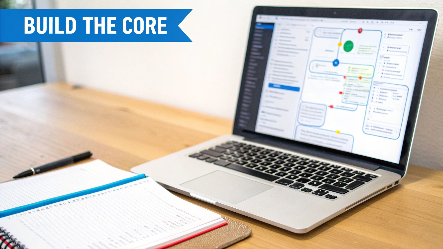 A laptop displaying a workflow diagram, with a notebook, pen, and 'BUILD THE CORE' banner.