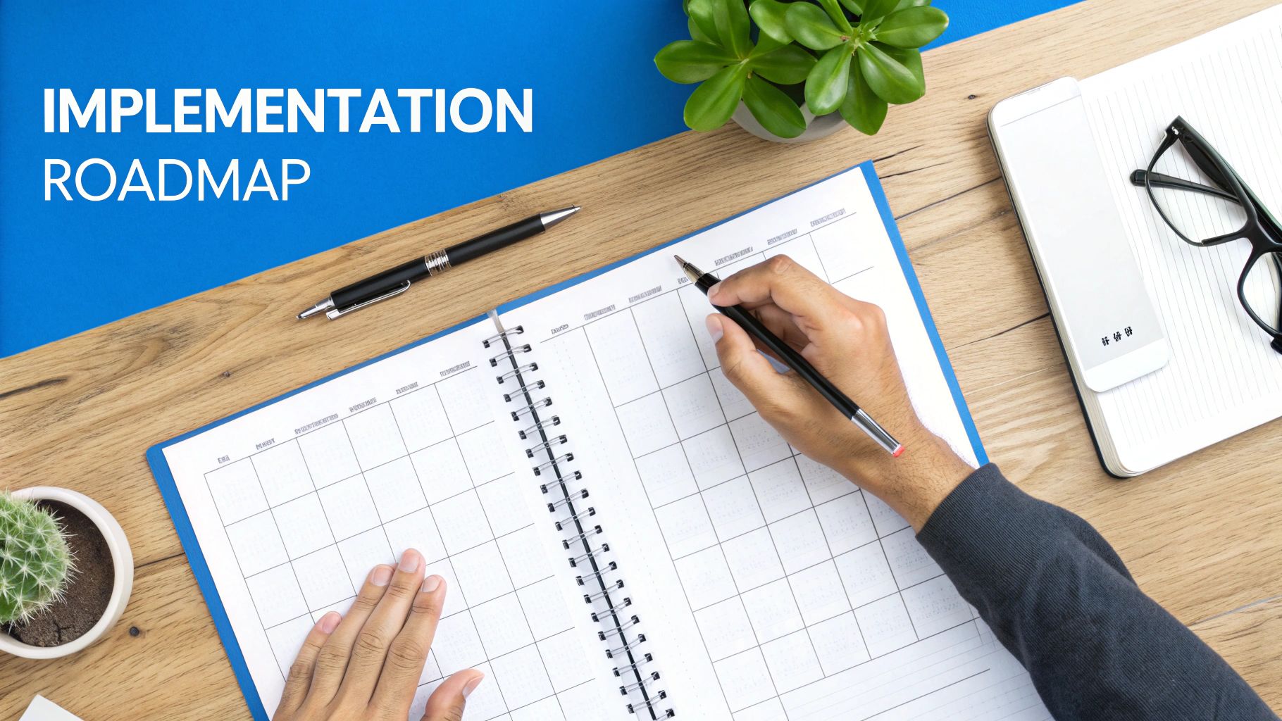 A person's hands writing in a spiral-bound planner with 'IMPLEMENTATION ROADMAP' text on a blue background.